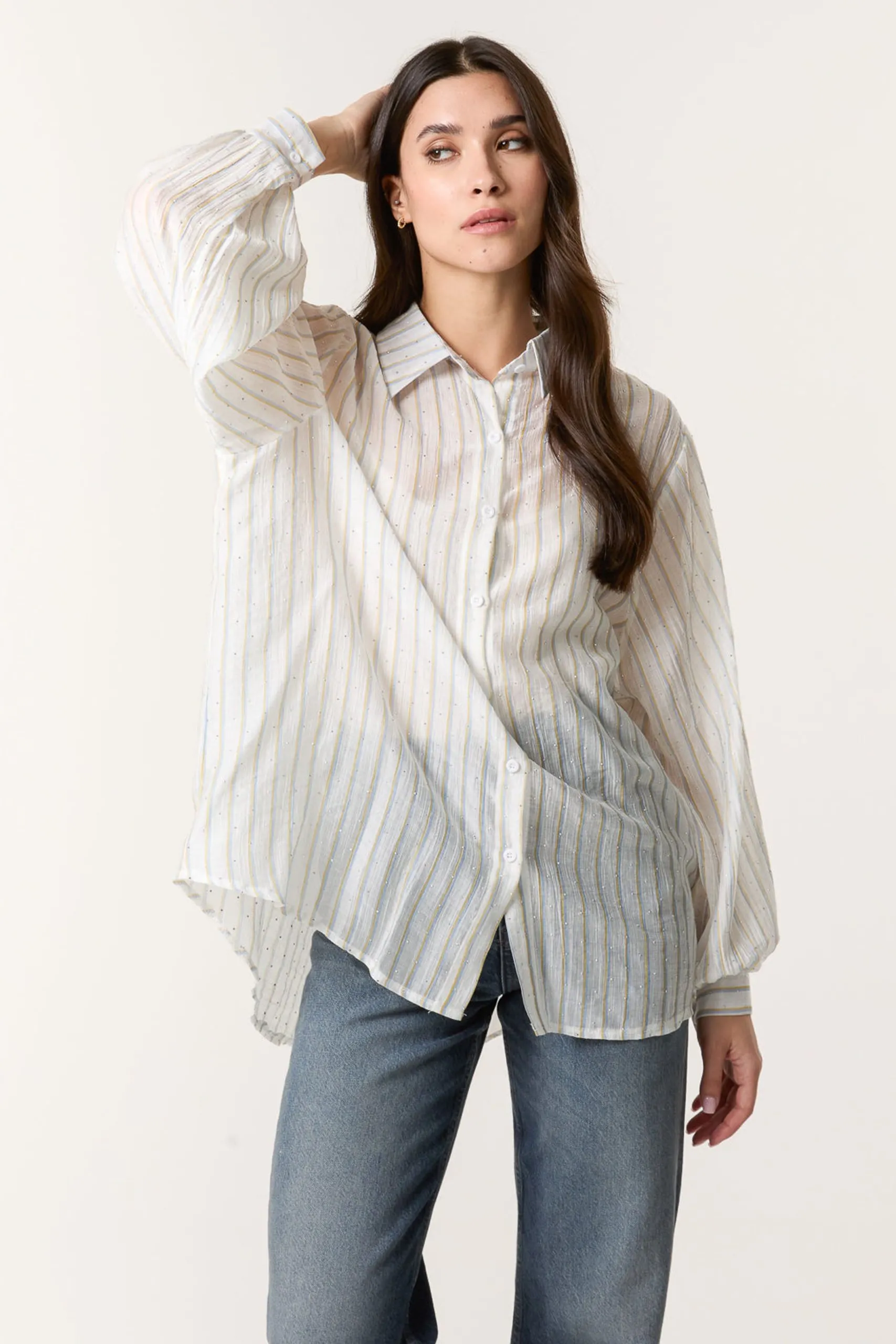 Blue Diamante Detailed Shirt With Vertical Stripes