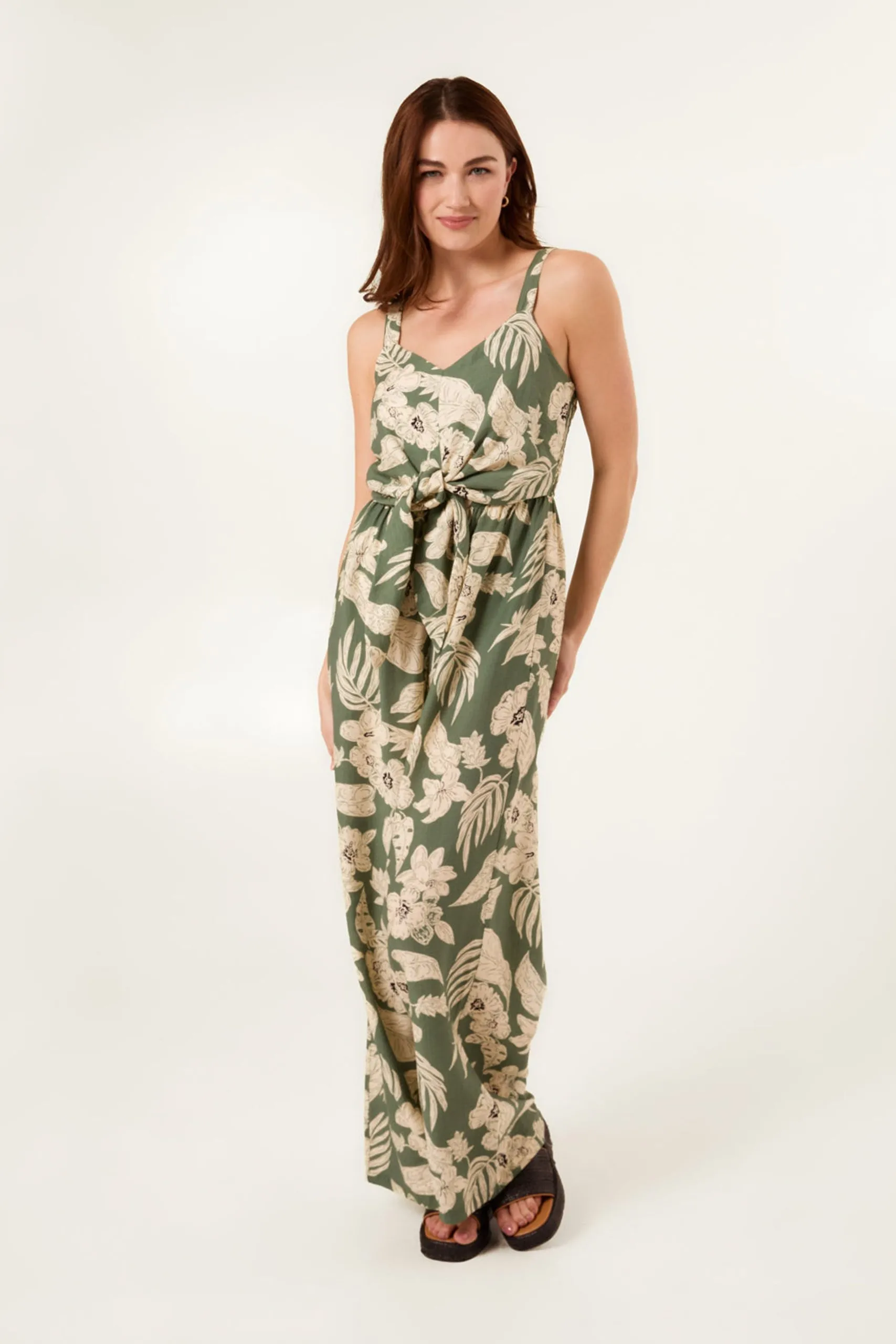 Light Green Tropical Print Tie Front Jumpsuit