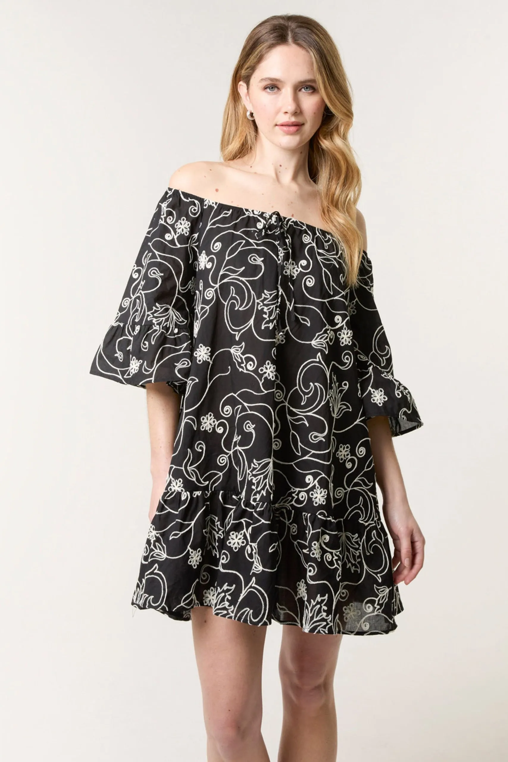 Black Embroidered Smock Dress