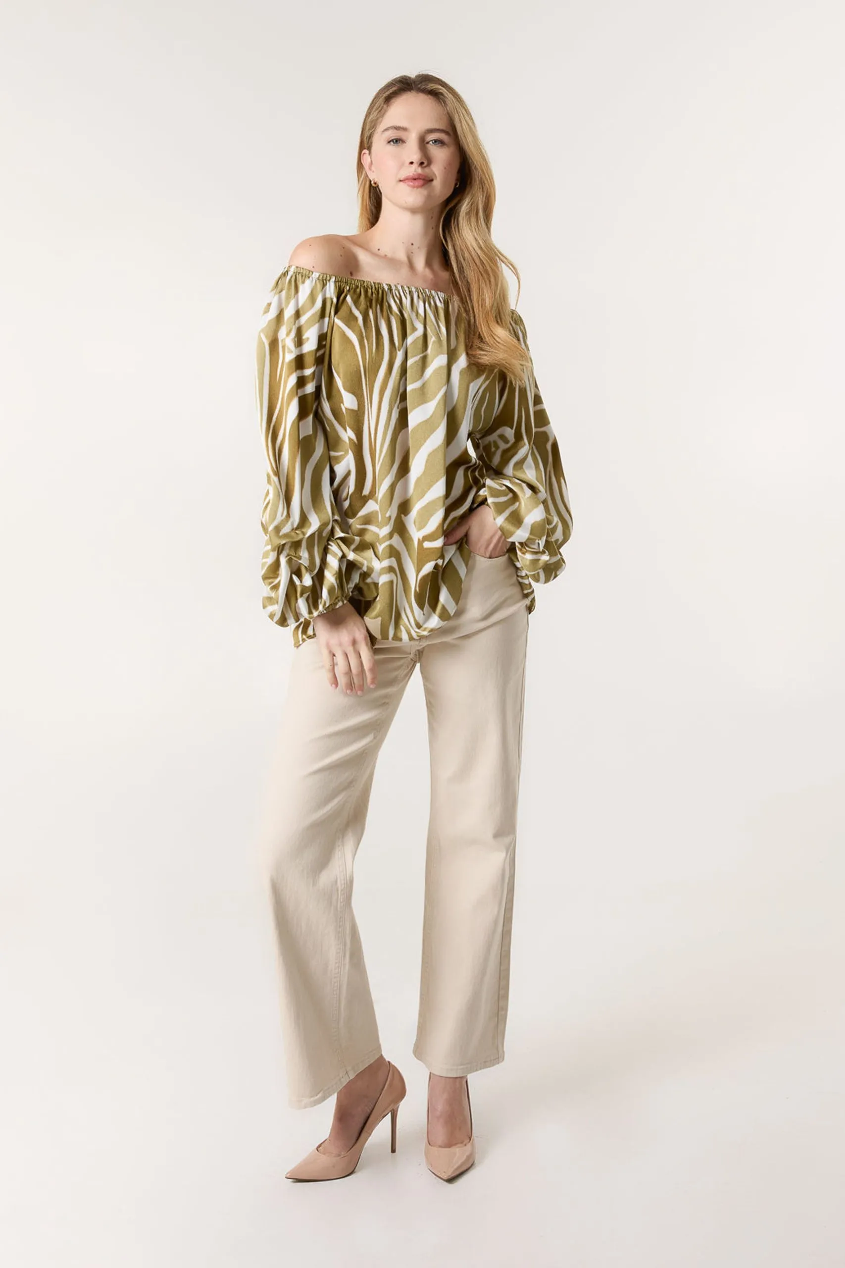 White Zebra Satin Ruched Bardot Top