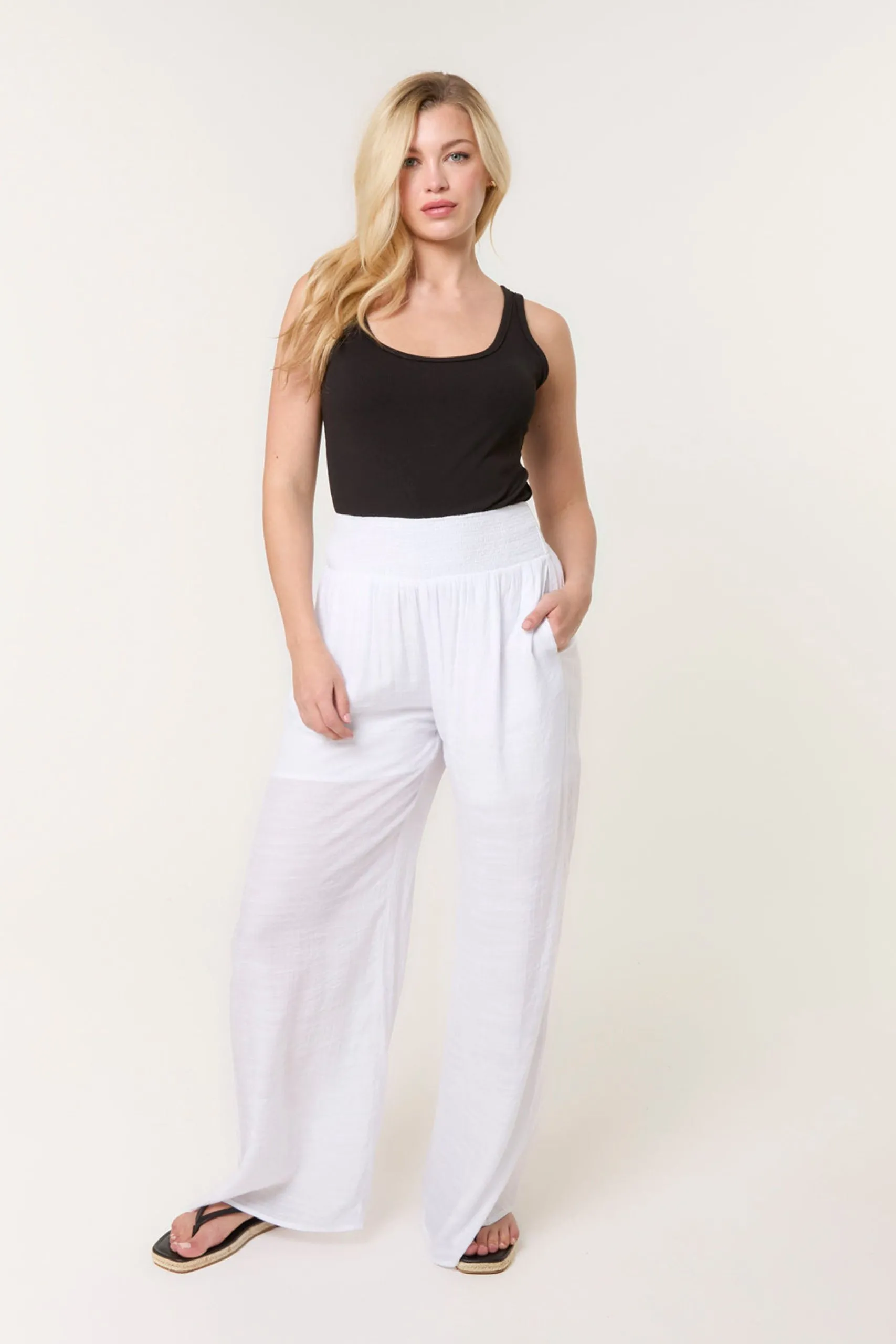 White Shirred Trousers