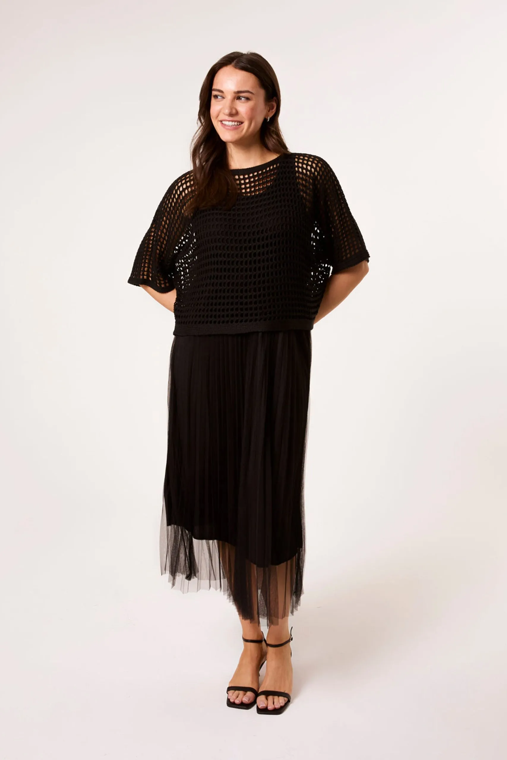 Black Crochet Top Pleat Dress