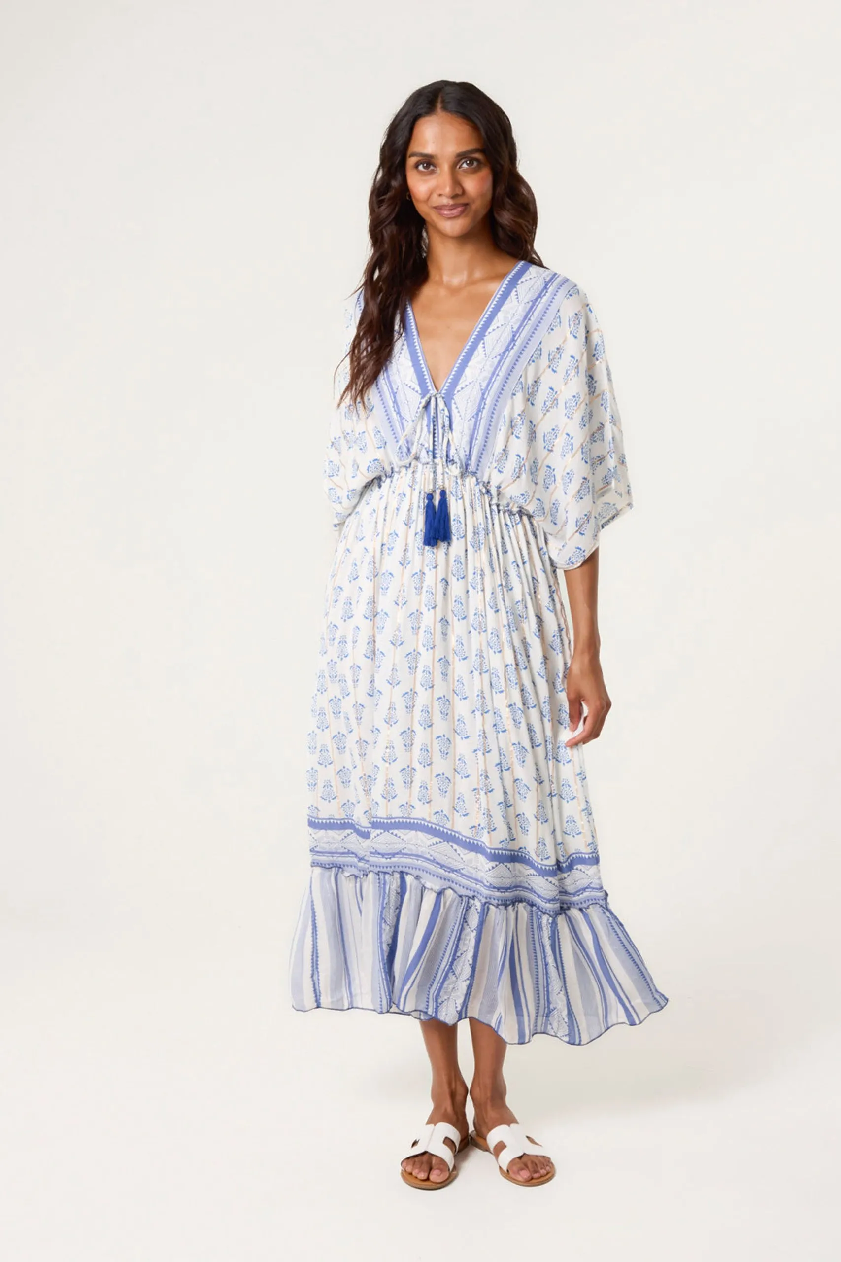 Blue V Neck Printed Tassel Dress