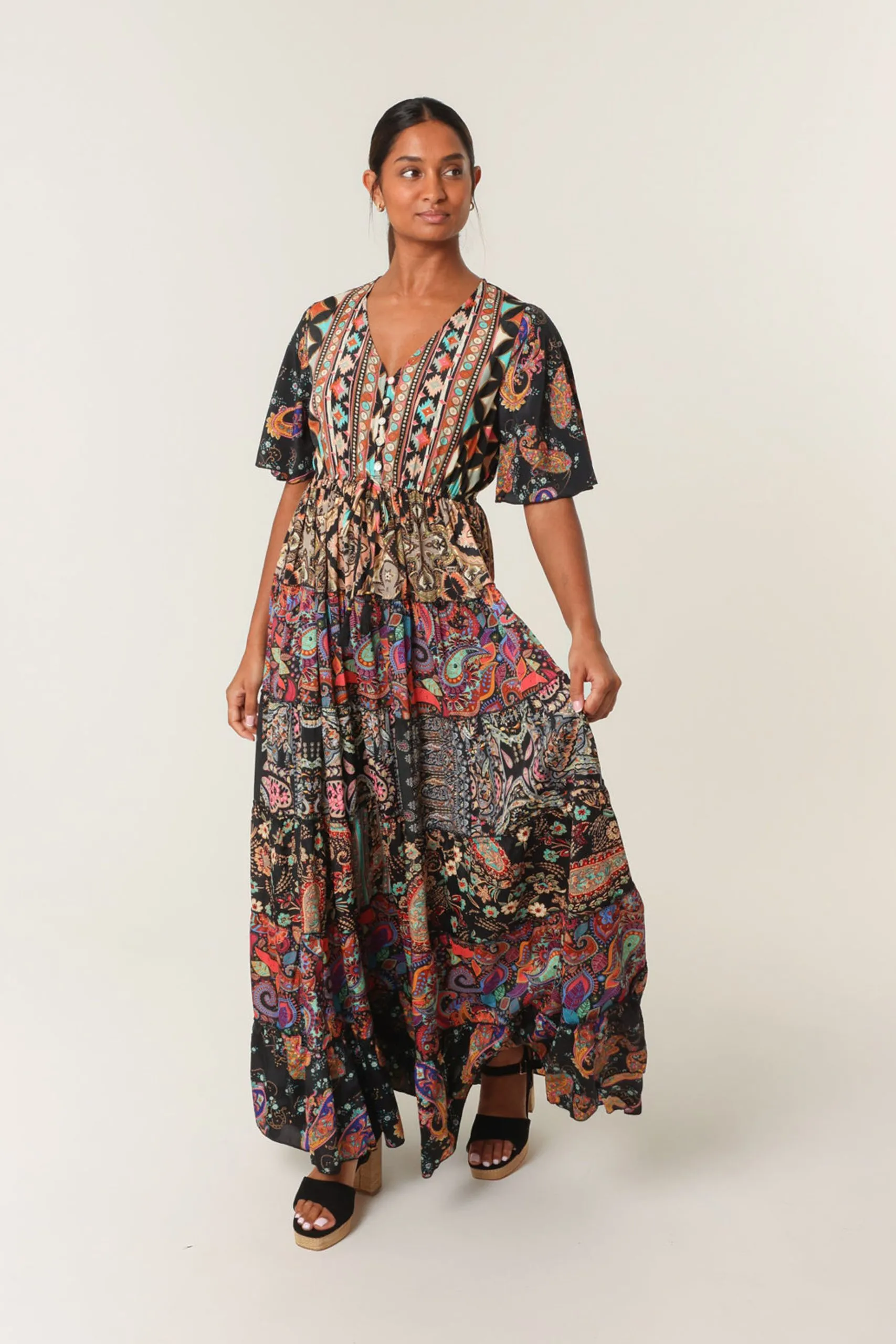 Black Angel Sleeve Button Front Maxi Dress