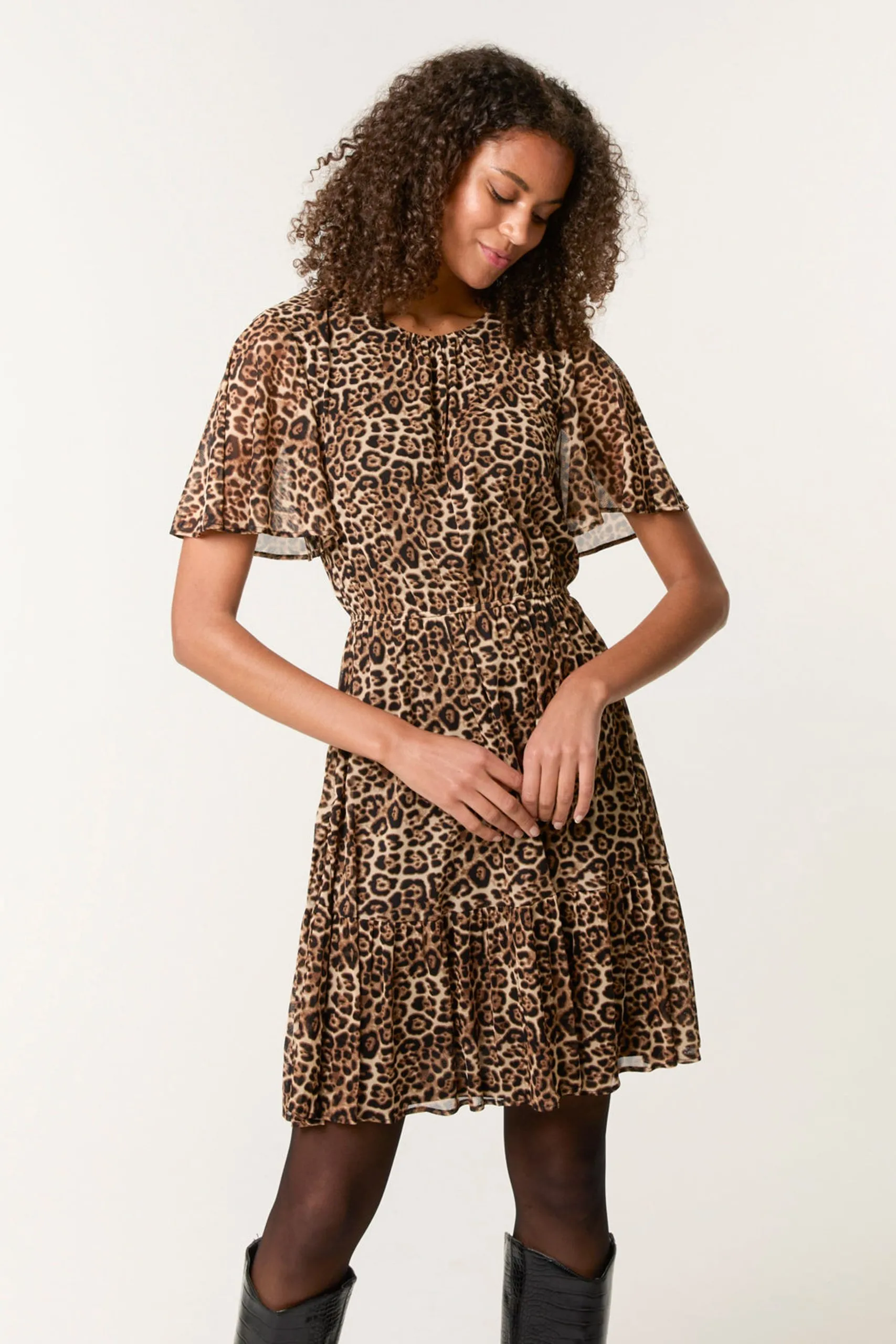 Brown Leopard Print Mesh Crew Neck Mini Dress