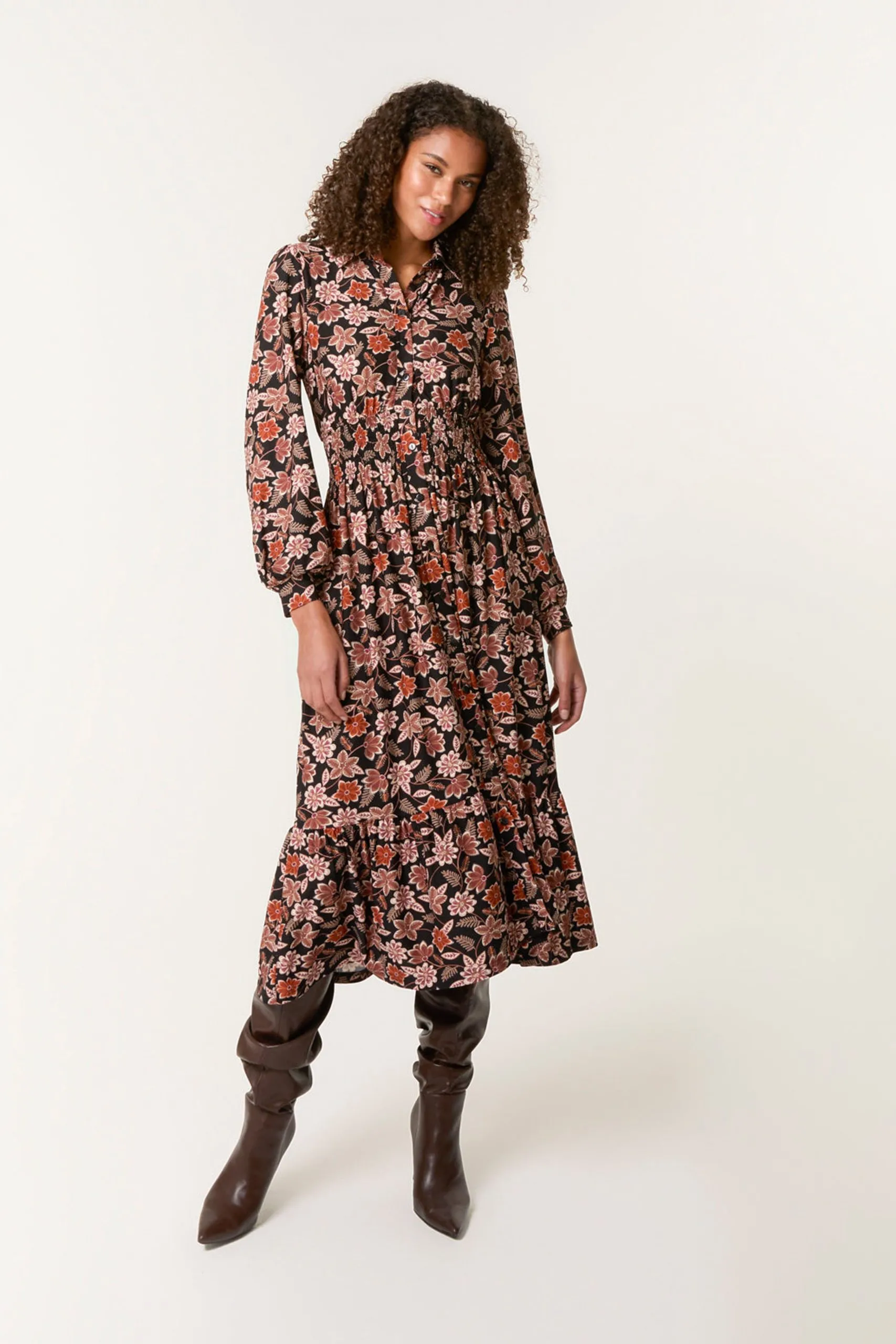 Black Floral Printed Shirred Waist Midi Shirt Dress