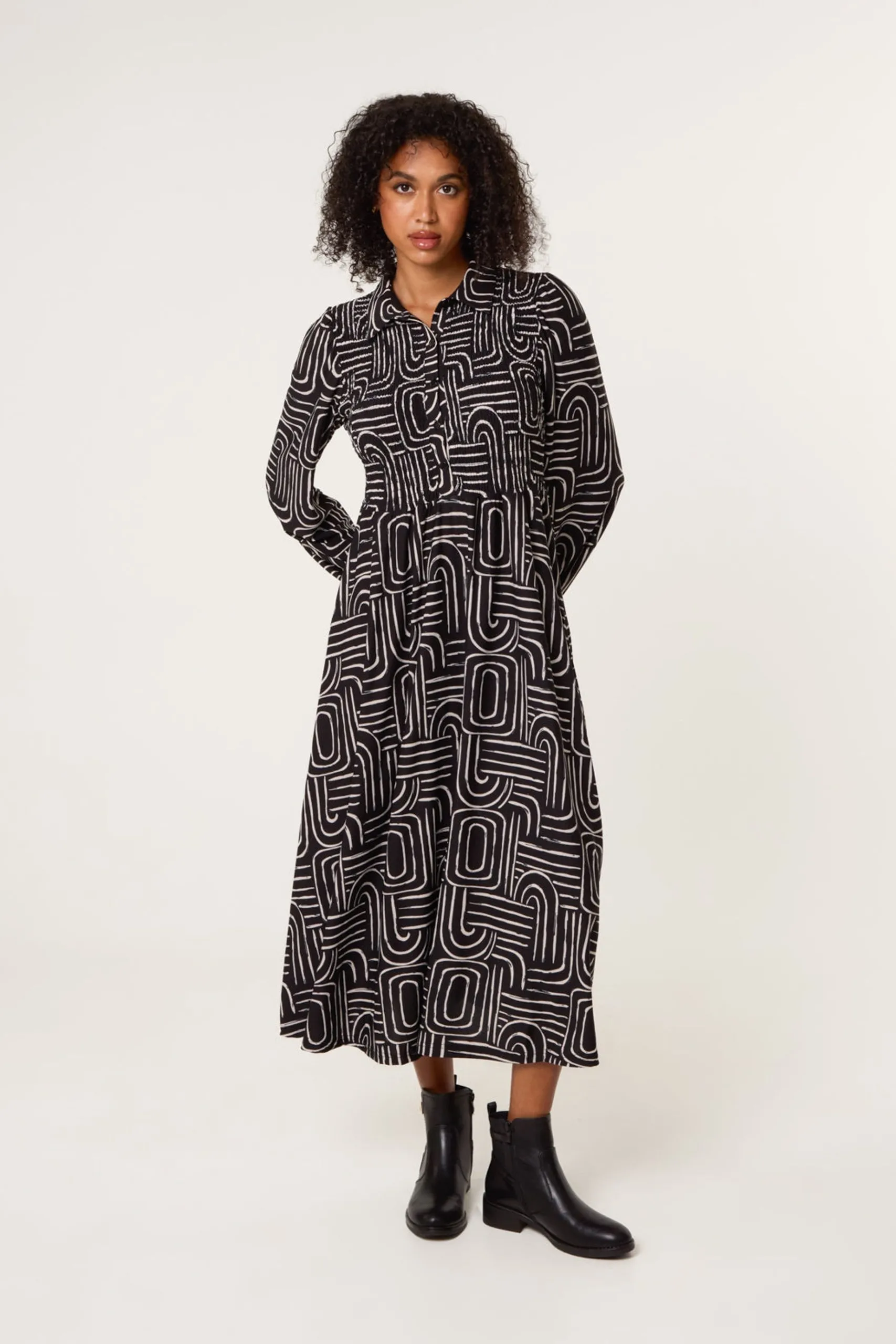Black Shirred Bust Long Sleeve Midi Dress