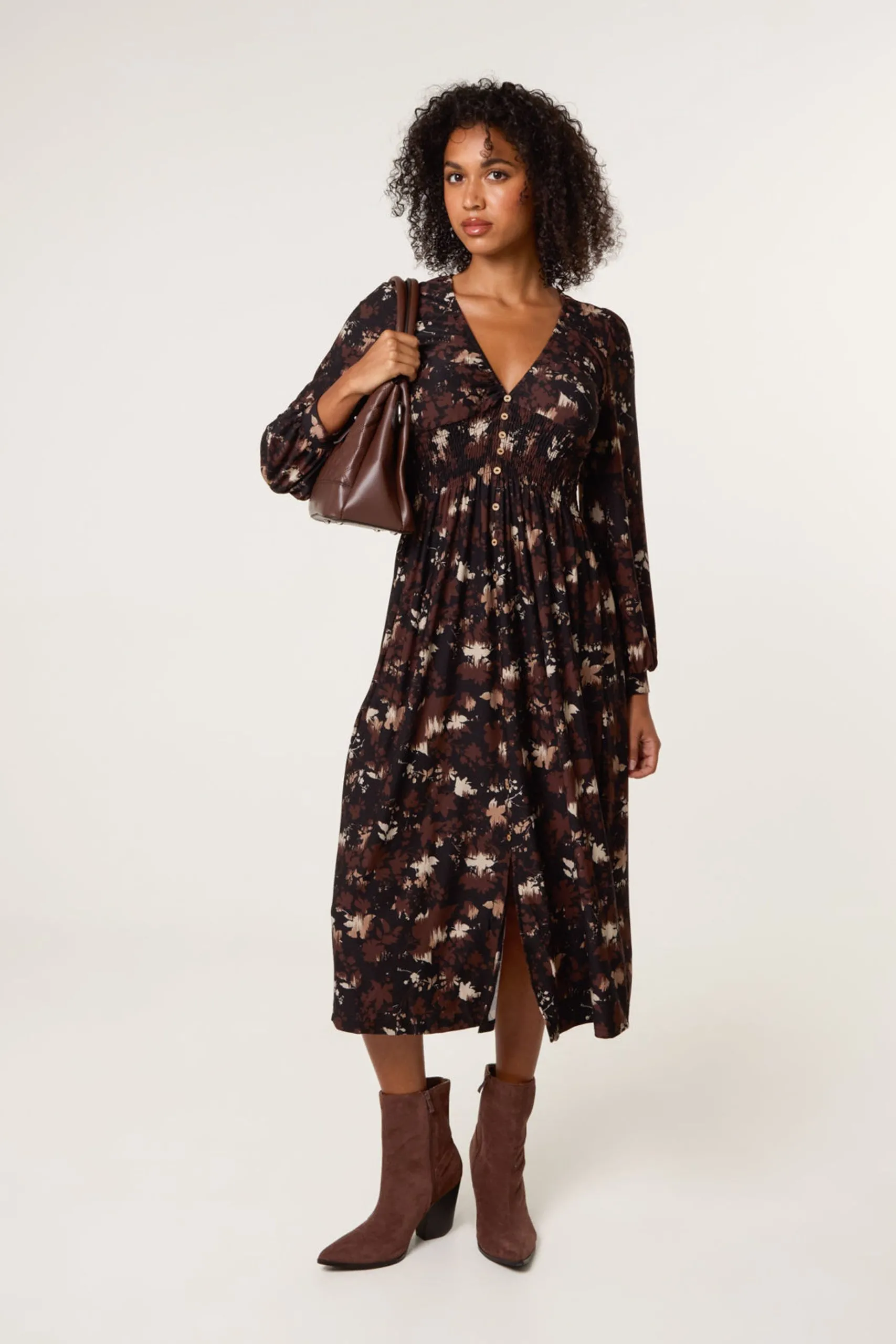 Brown Button Front Midi Dress