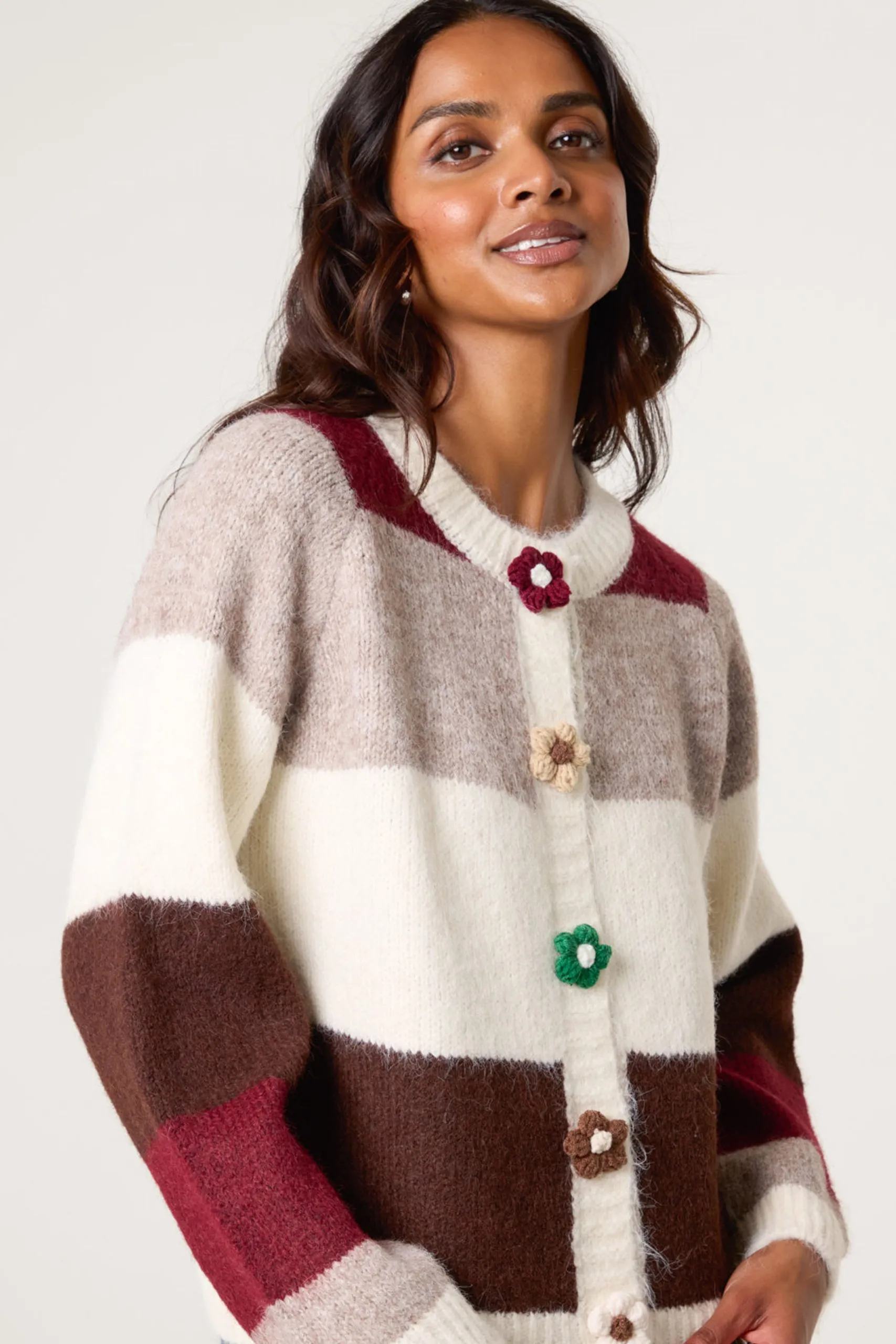 Ivory Multi Coloured Striped Cardigan With Flower Buttons