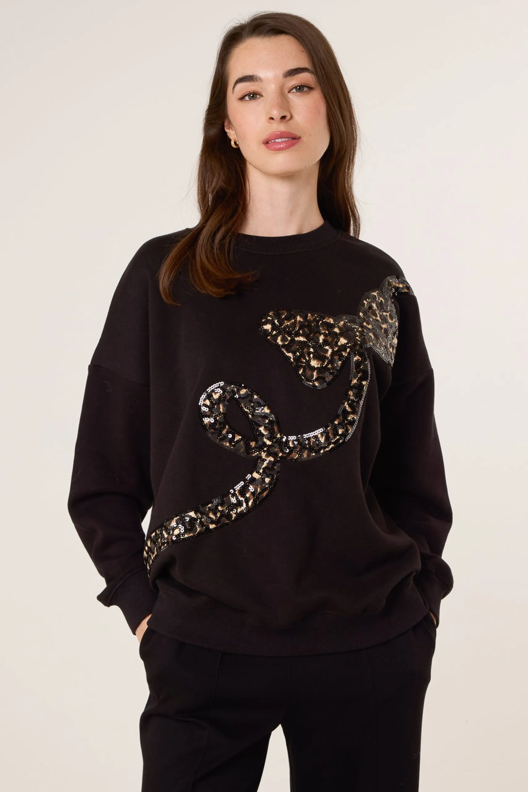 Black Leopard And Sequin Bow Sweatshirt