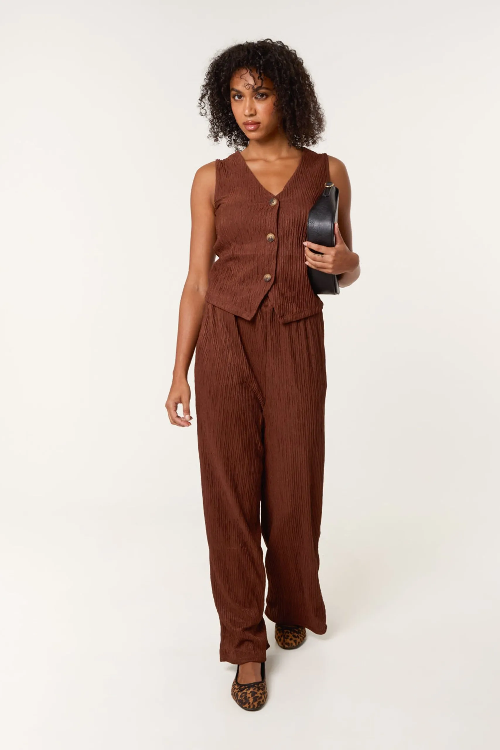 Brown Crinkle Elasticated Waist Wide Leg Trousers