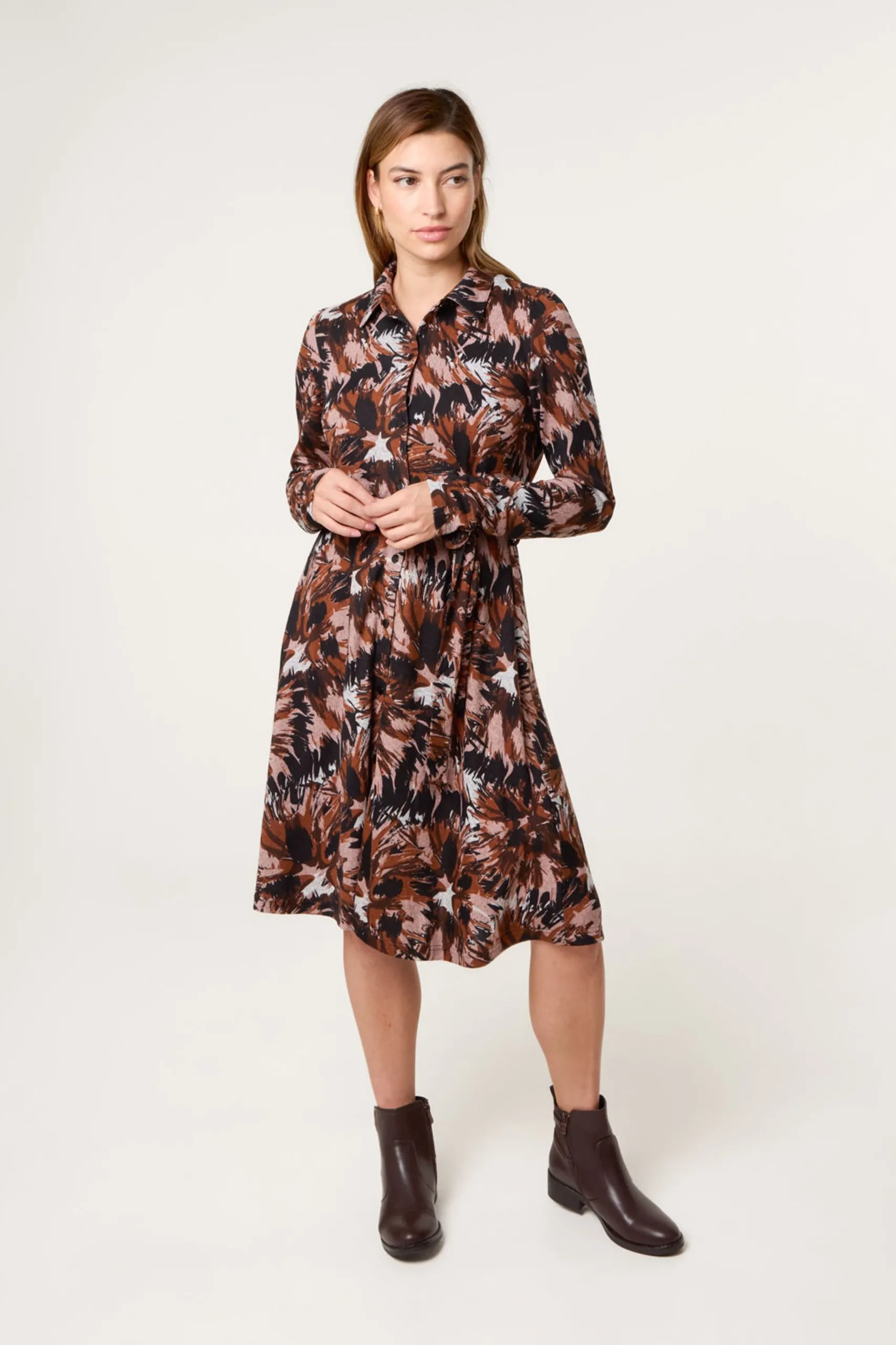 Black Abstract Printed Short Belted Shirt Dress
