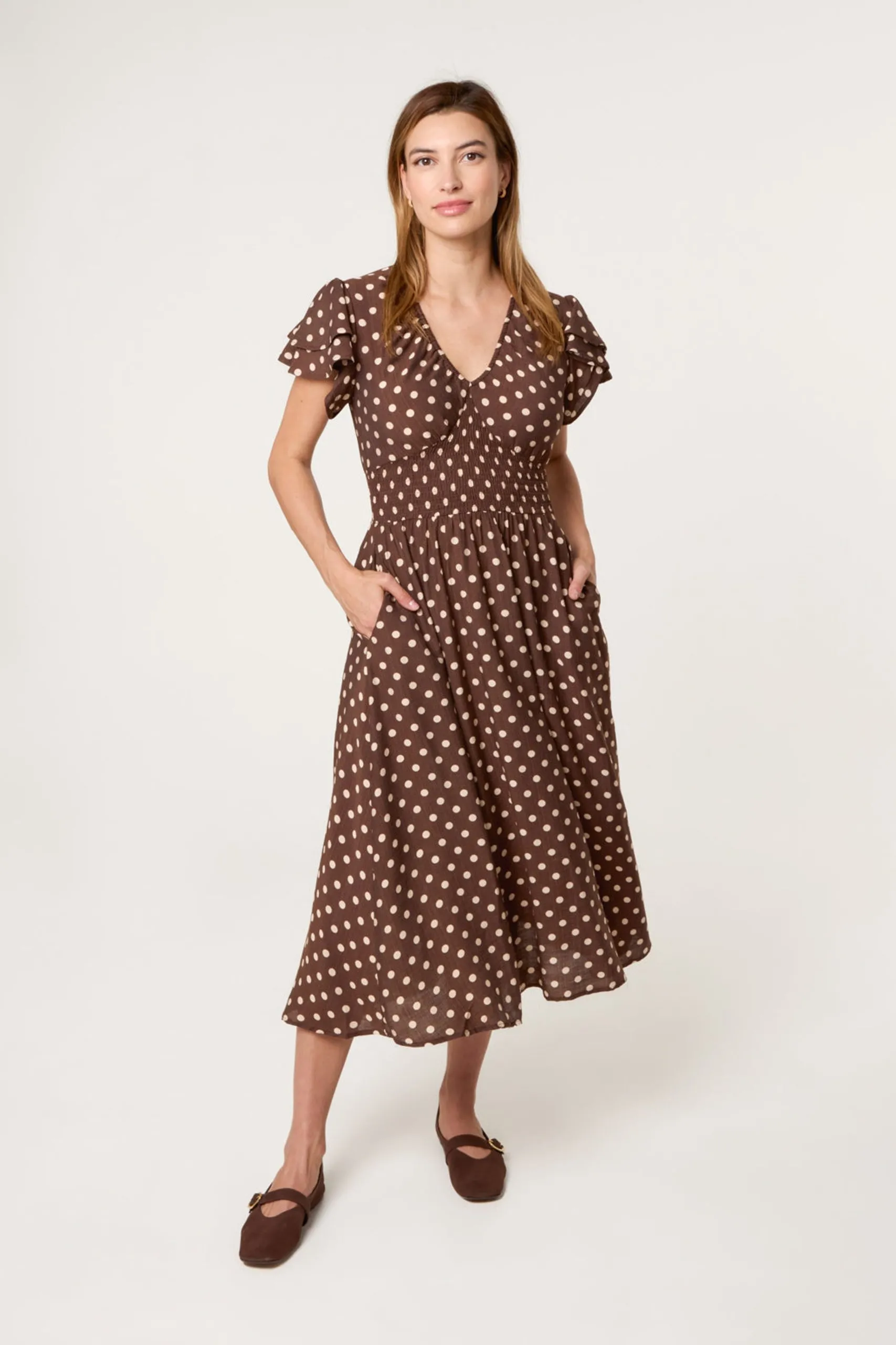 Brown Polka Dot Double Frill Shirred Midi Dress