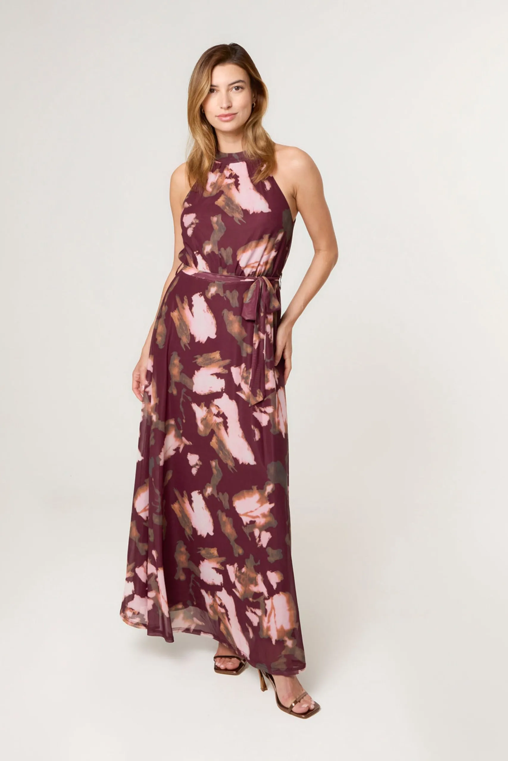 Wine Mesh Halterneck Belted Maxi Dress