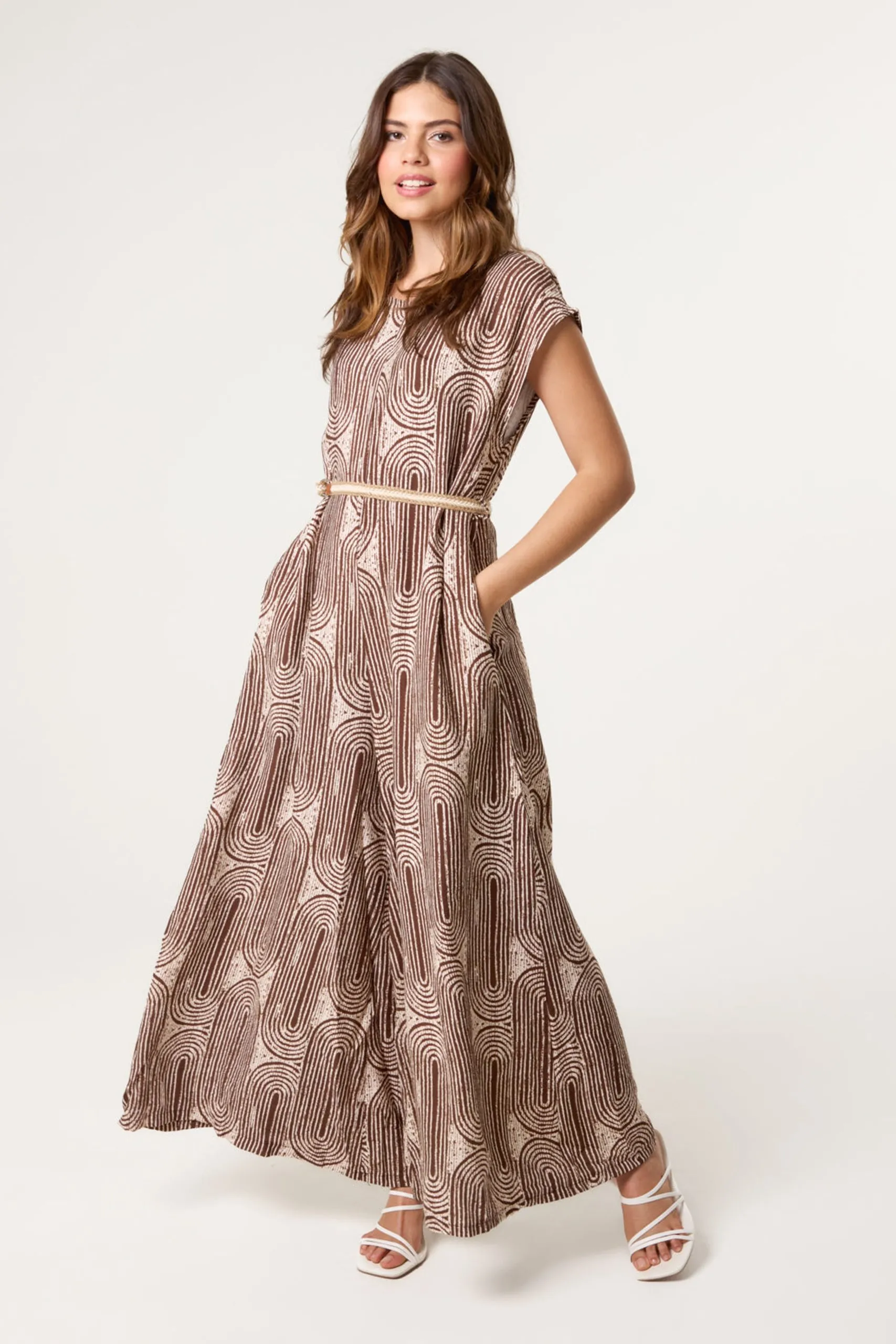 Brown Belted Oversized Printed Jumpsuit