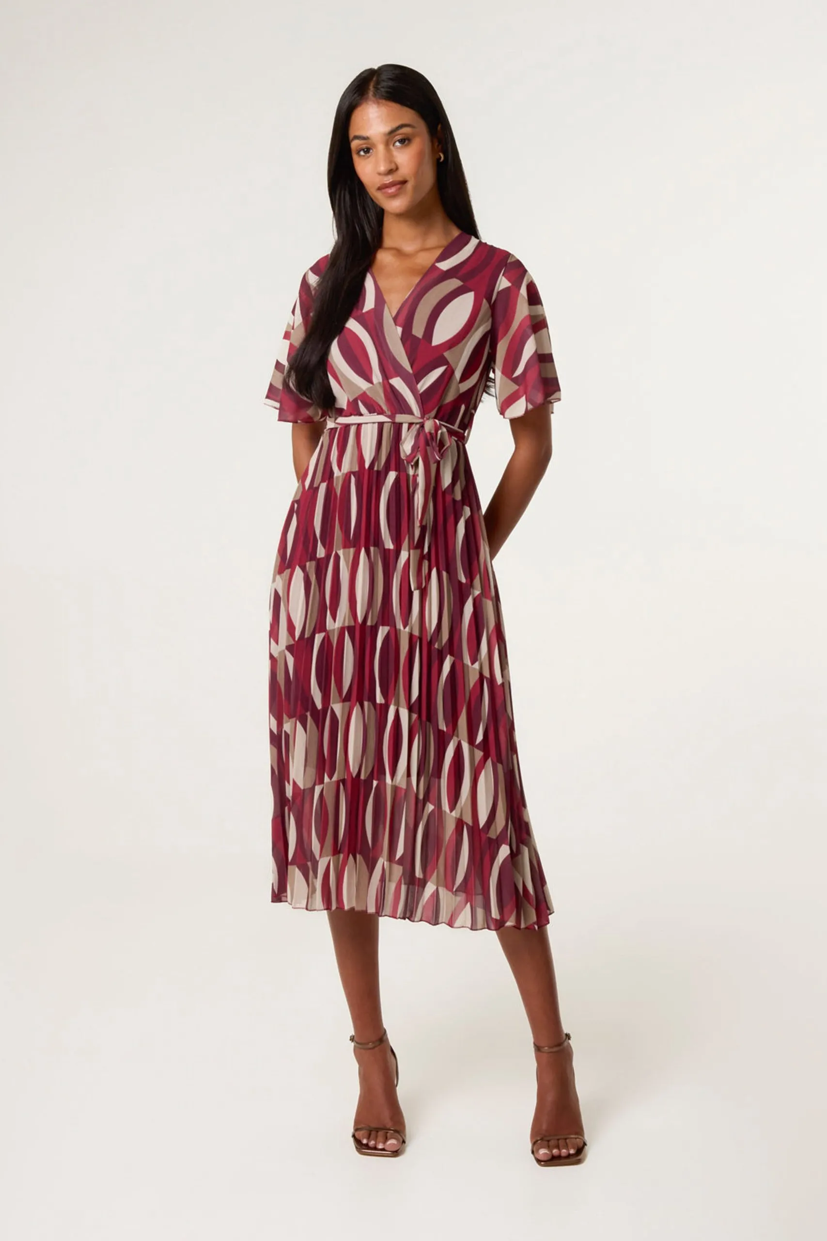 Wine Geometric Crossover Pleated Dress With Belt