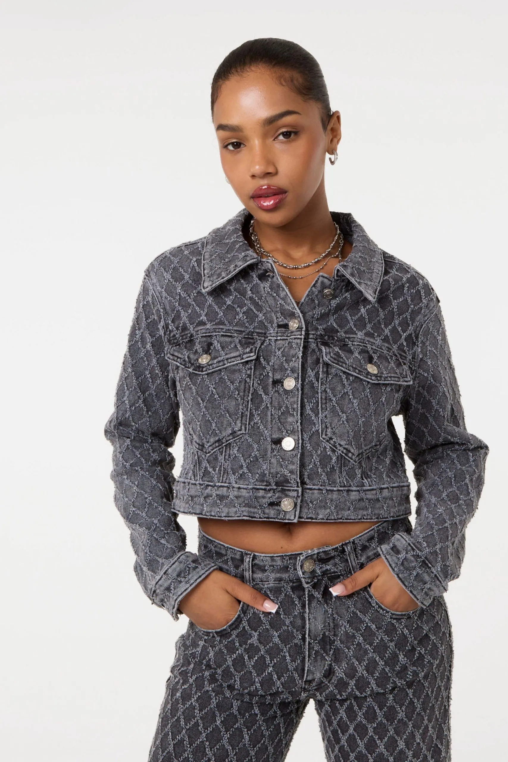 Grey Textured Denim Jacket
