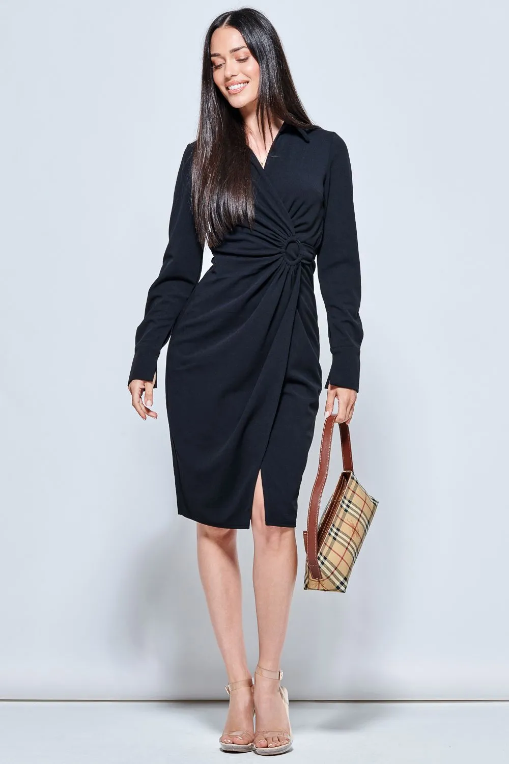 Plain Wrap Front Buckle Shirt Dress