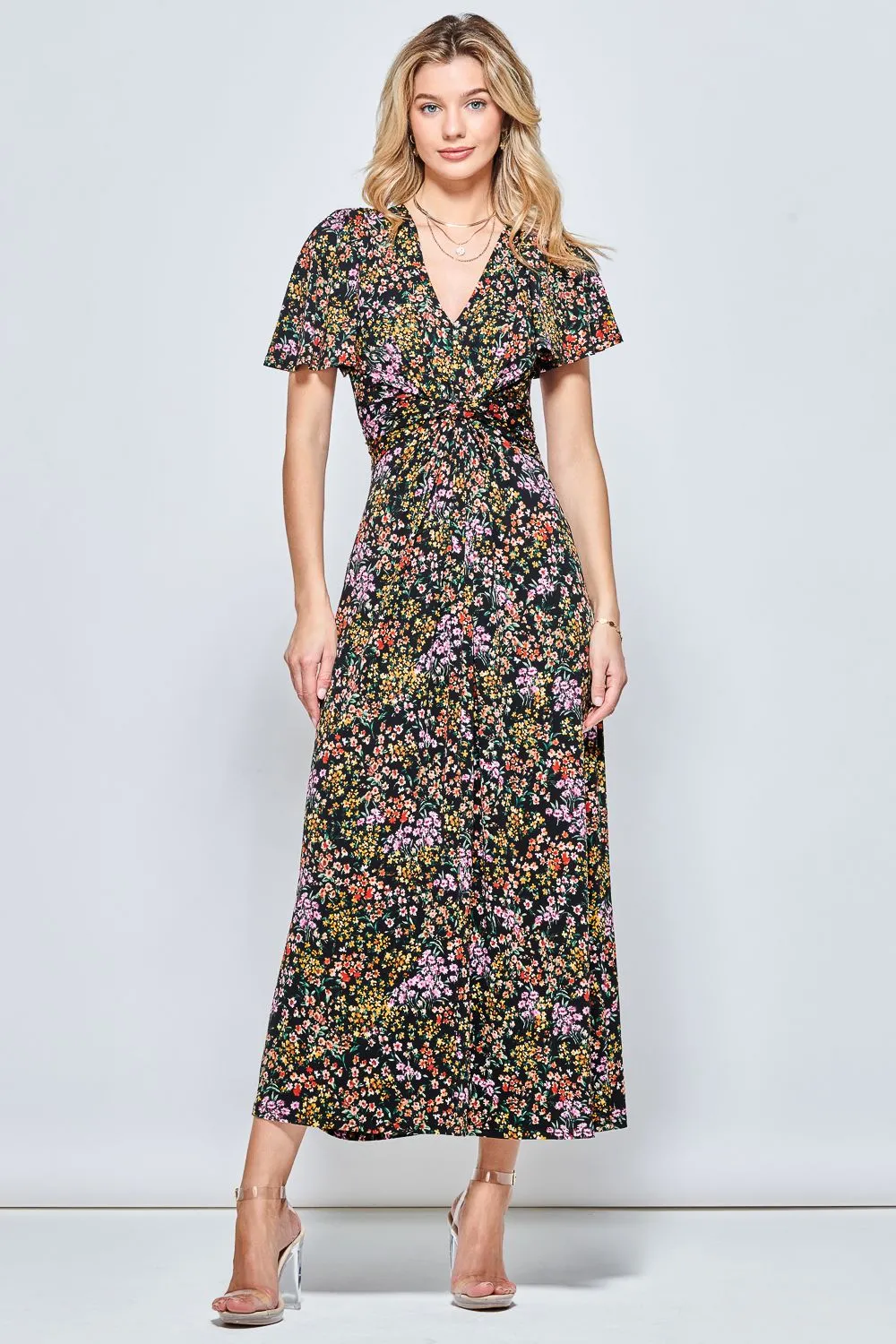 V Neck Twist Front Jersey Maxi Dress