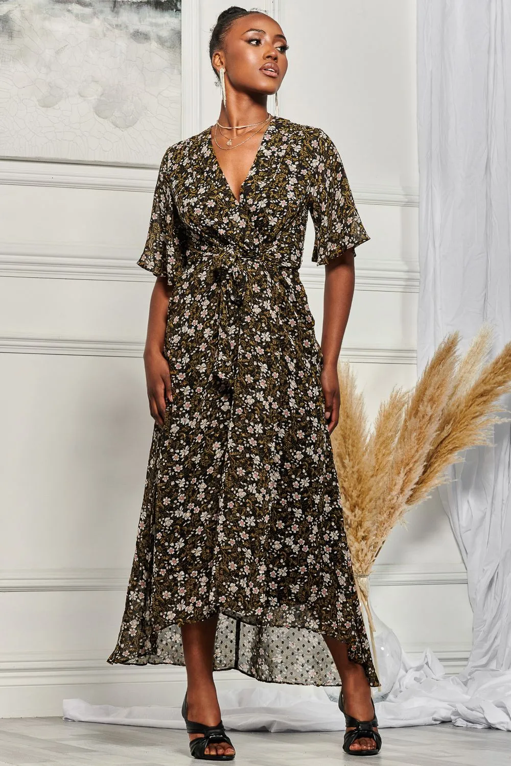 Angel Sleeve Wrap Tie Front Maxi Dress