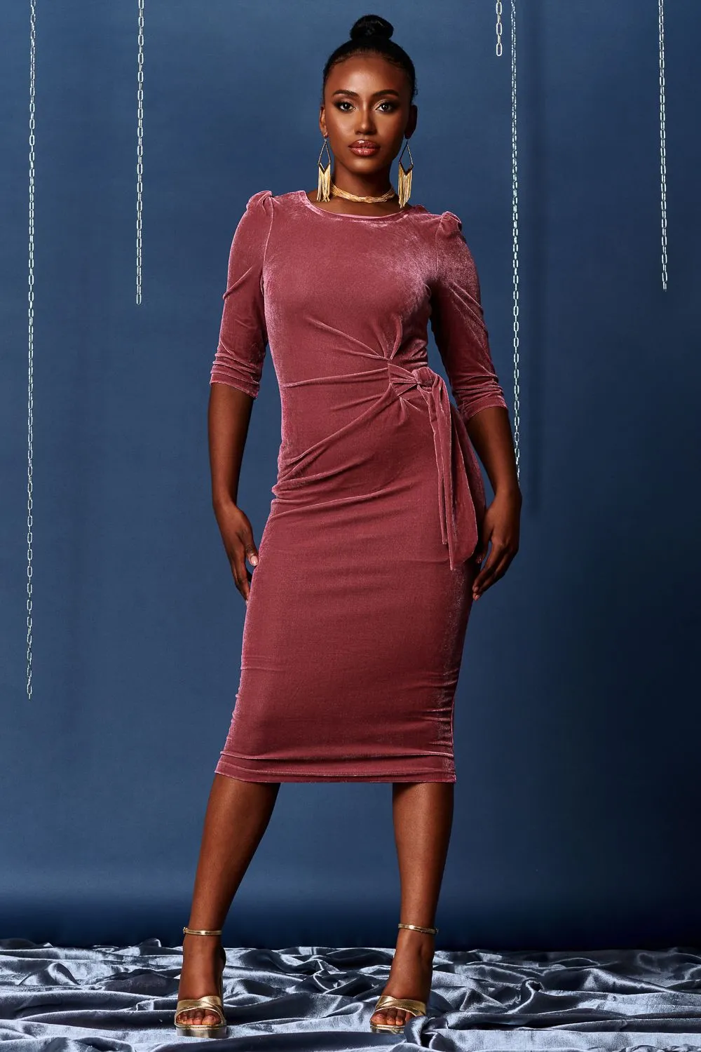 3/4 Sleeve Tie Detail Velvet Midi Dress