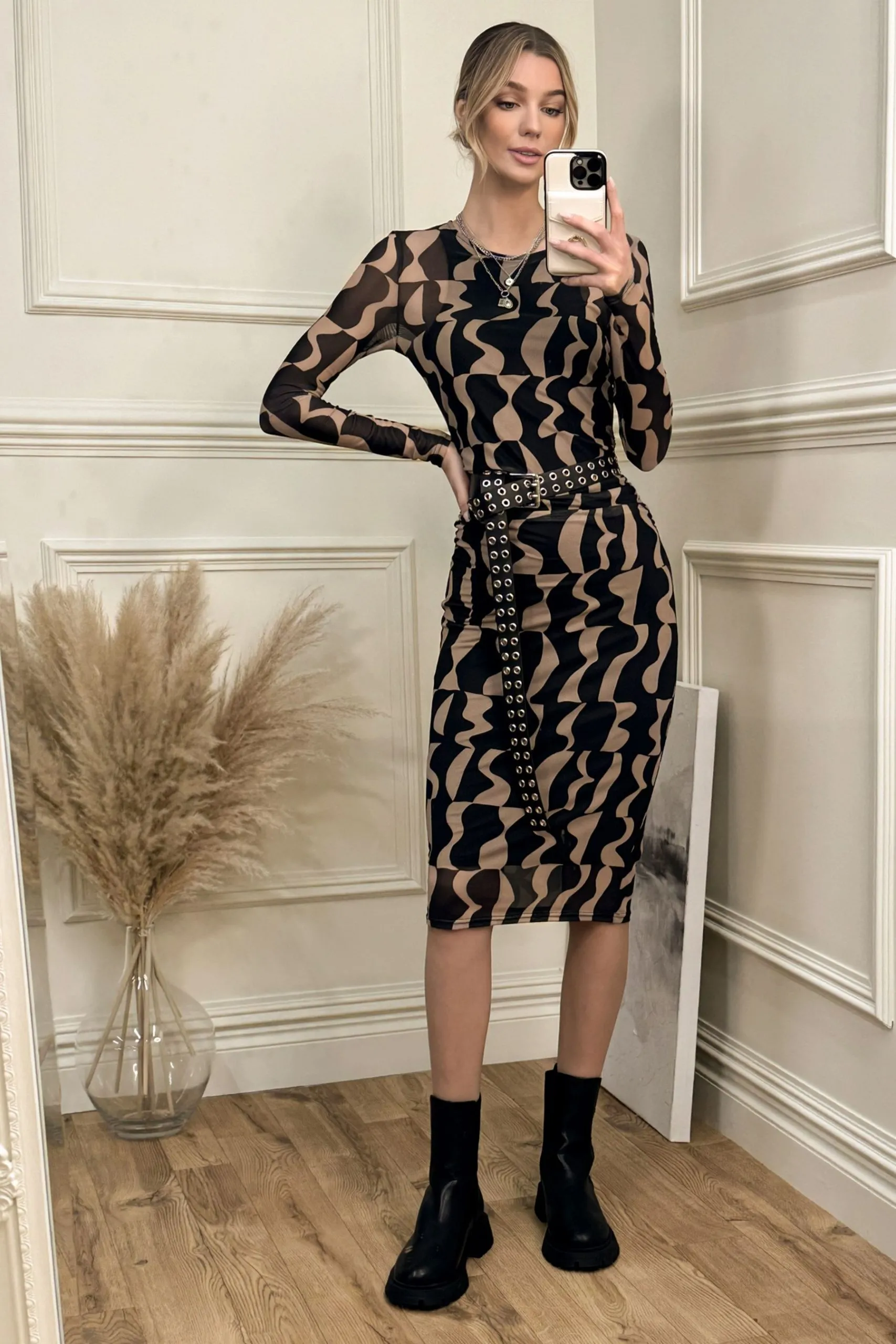 Print Long Sleeve Mesh Bodycon Dress