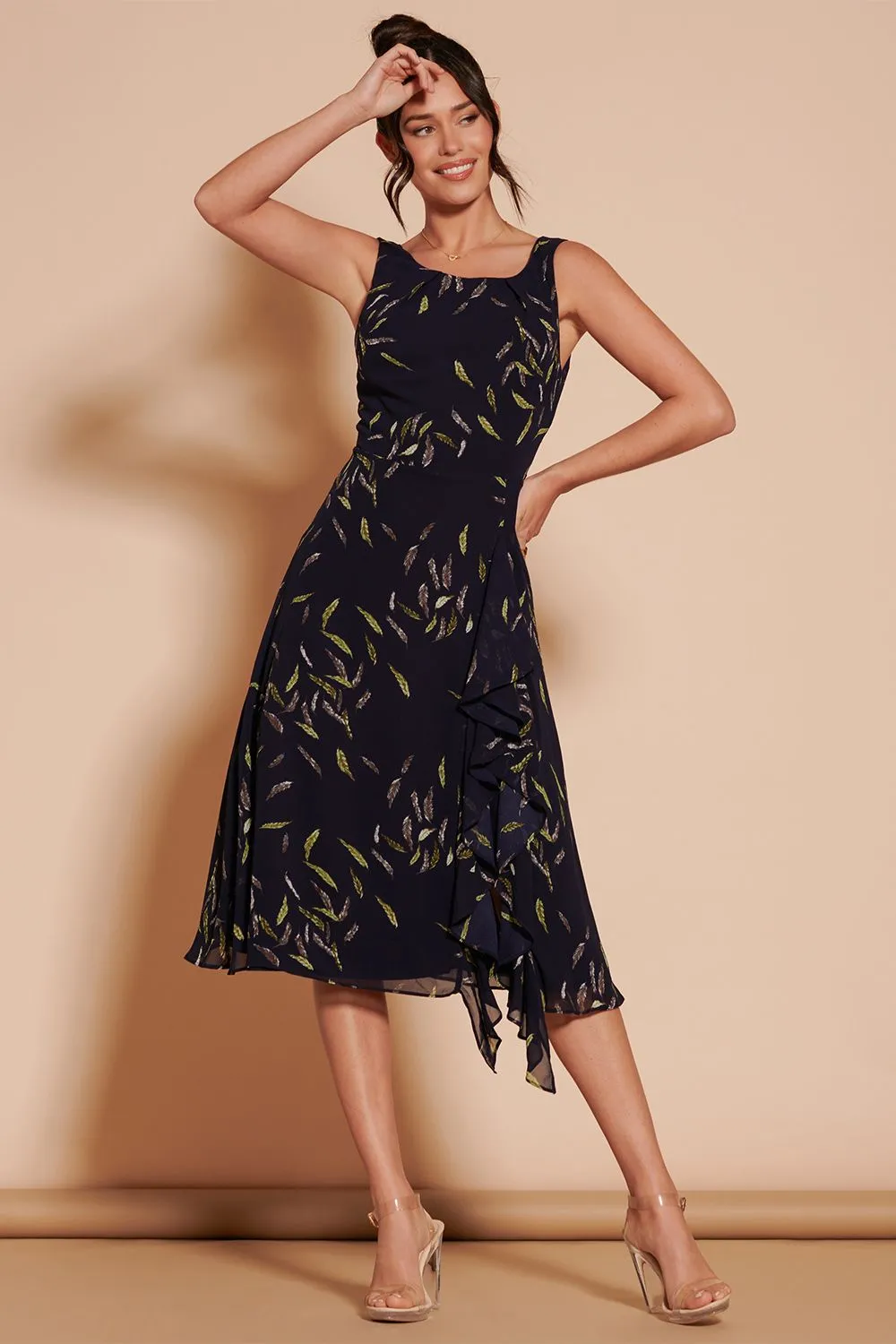 Print Frill Hem Chiffon Midi Dress