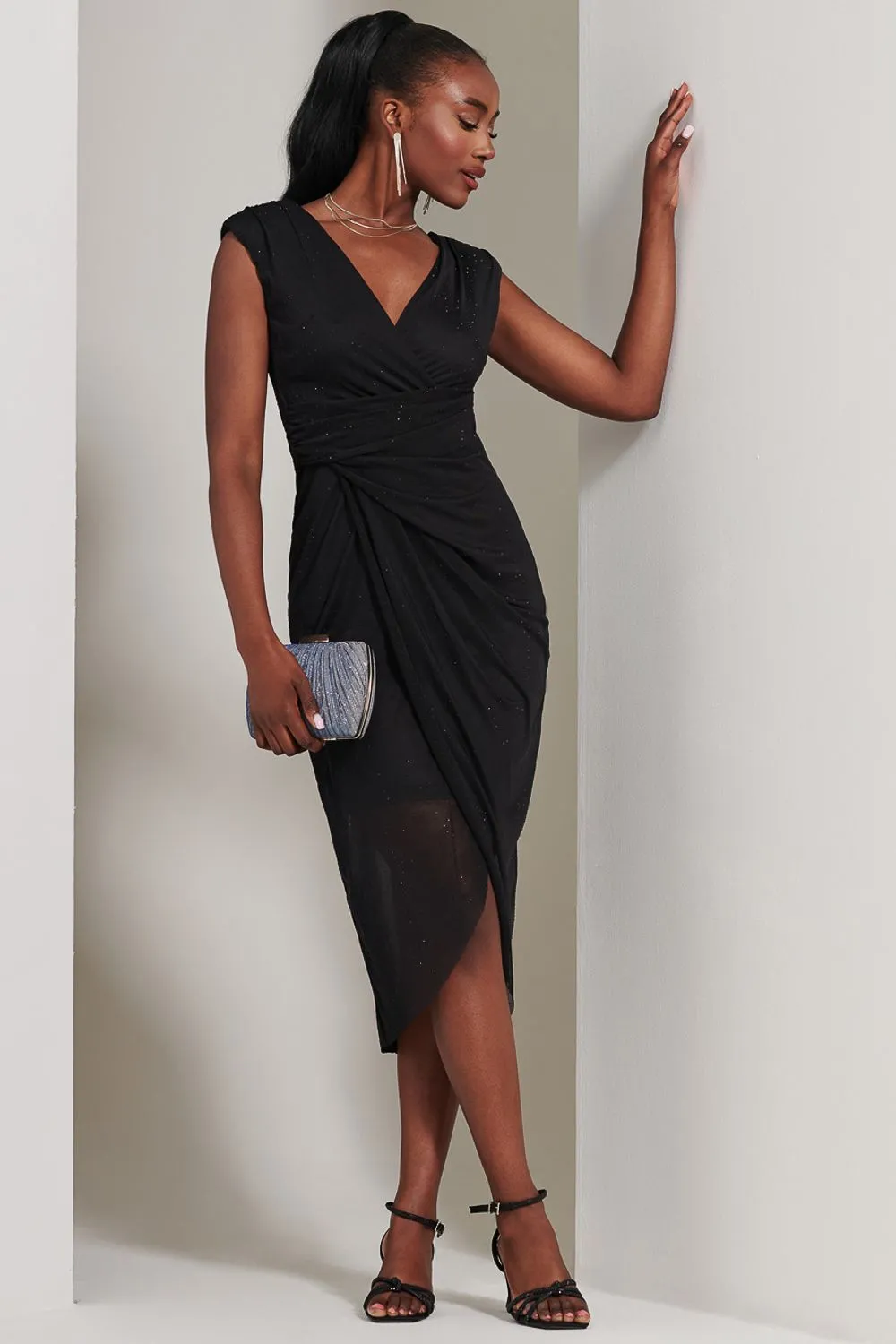 Embellished Ruched Mesh Midi Dress