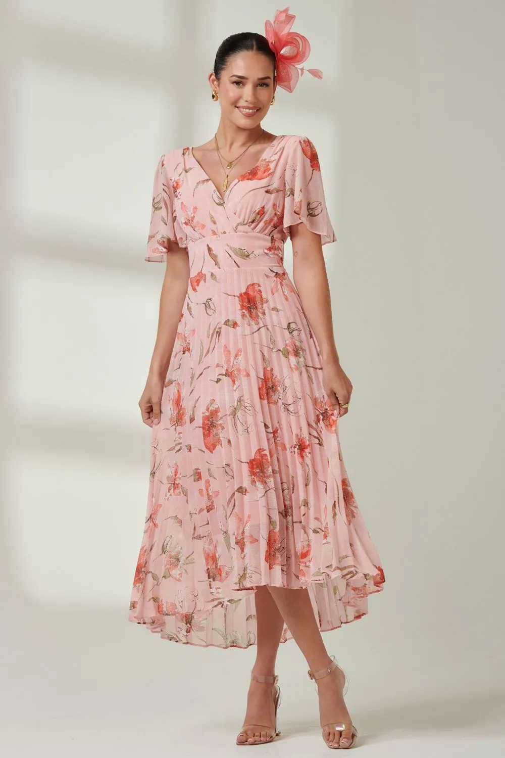 Pleated Dip Hem Chiffon Maxi Dress