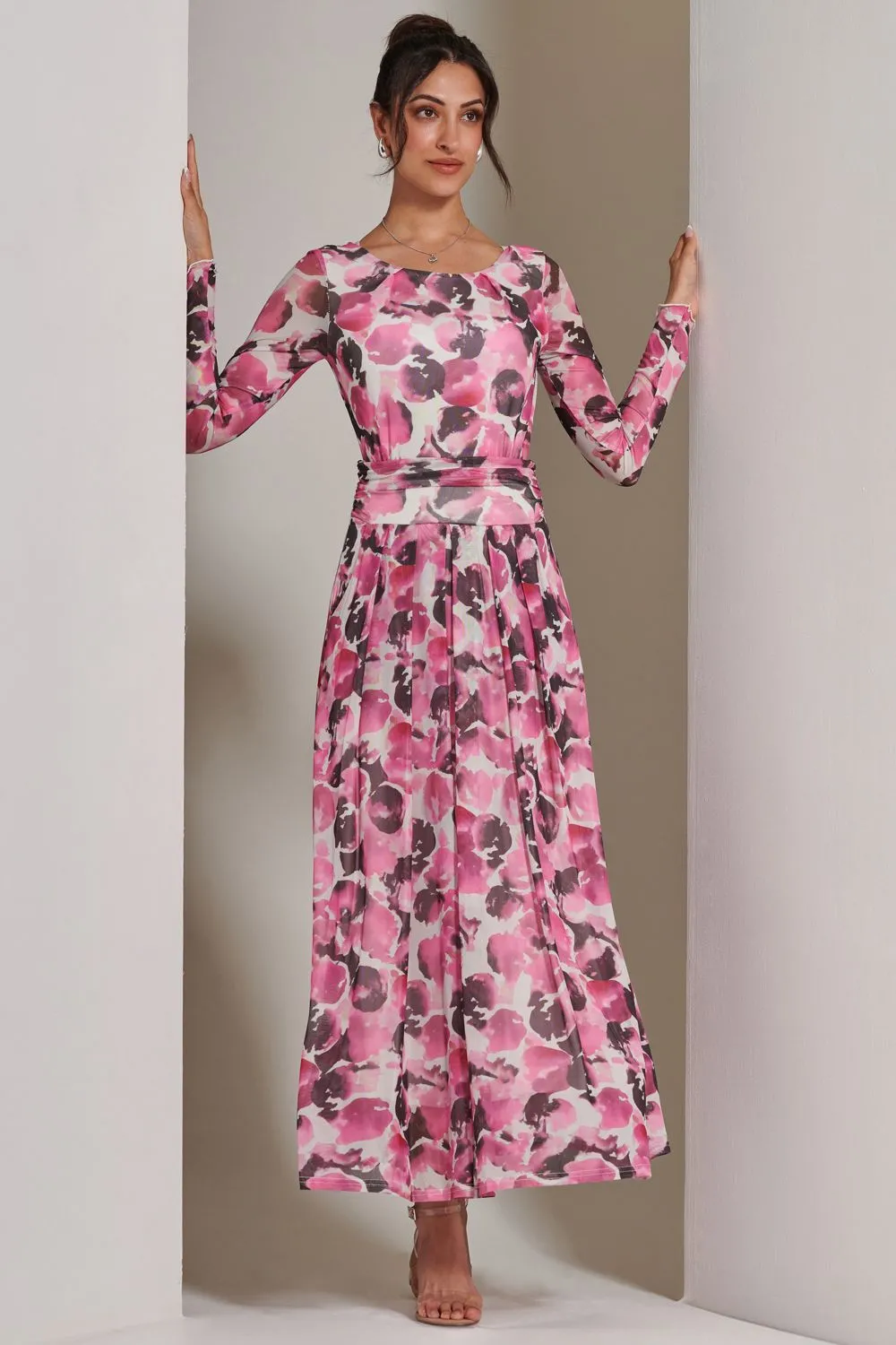 Long Sleeve Printed Mesh Maxi Dress