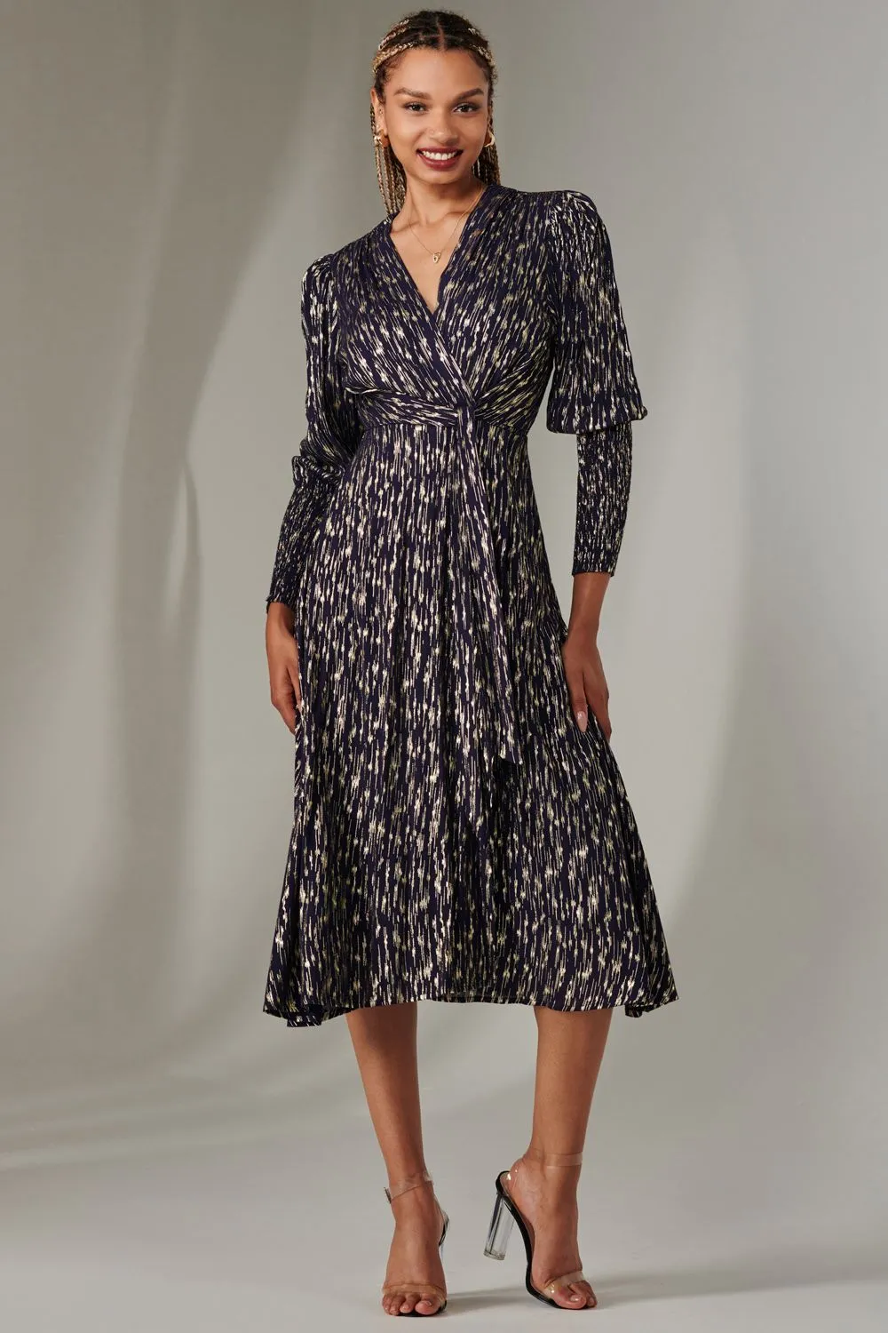 Layla Long Sleeve Metallic Wrap Dress