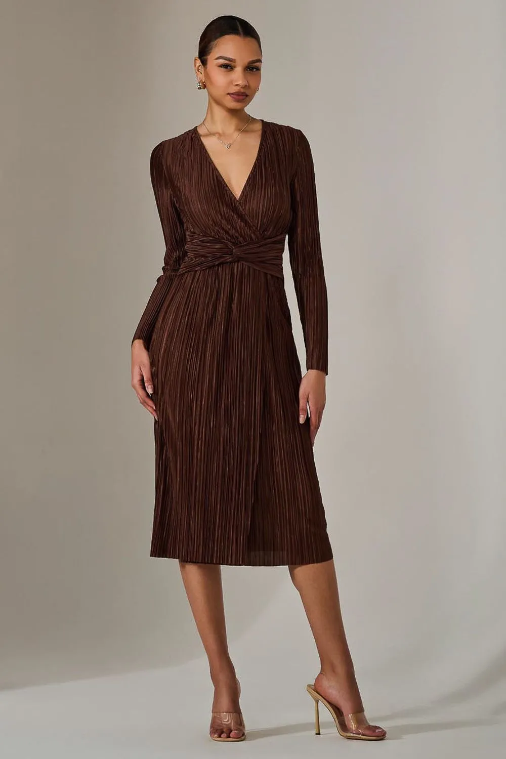 Plisse Long Sleeve Midi Dress