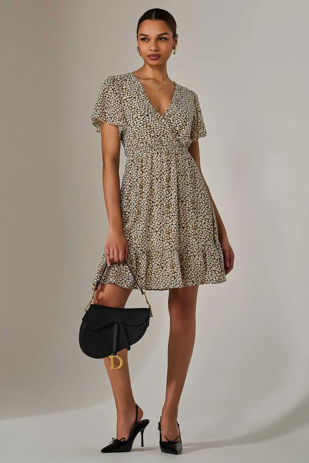 Chiffon Short Sleeve Tie Waist Mini Dress