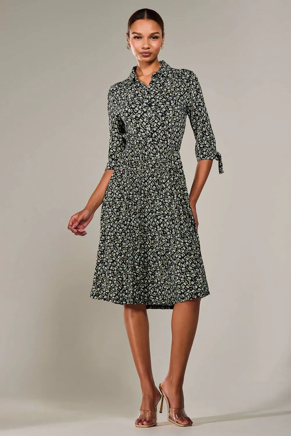 ¾ Sleeve Button Up Midi Dress