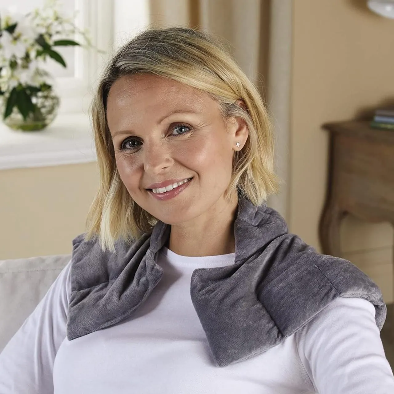 Grey Weighted Shoulder Wrap with Glass Microbeads & Plush Velvet Cover for Relieving Tension - Measures 106 x 42cm