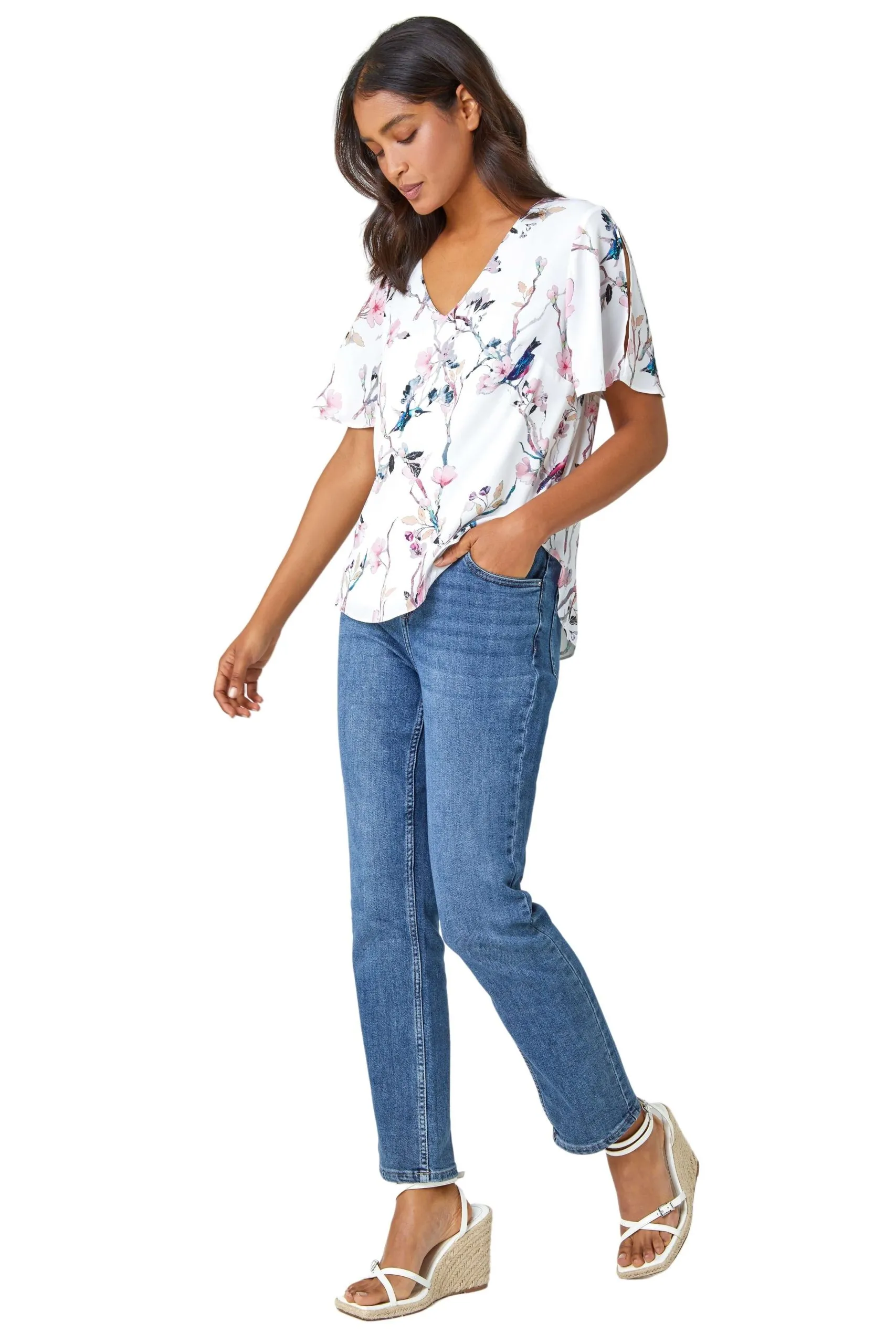 Floral Angel Sleeve V-Neck Top