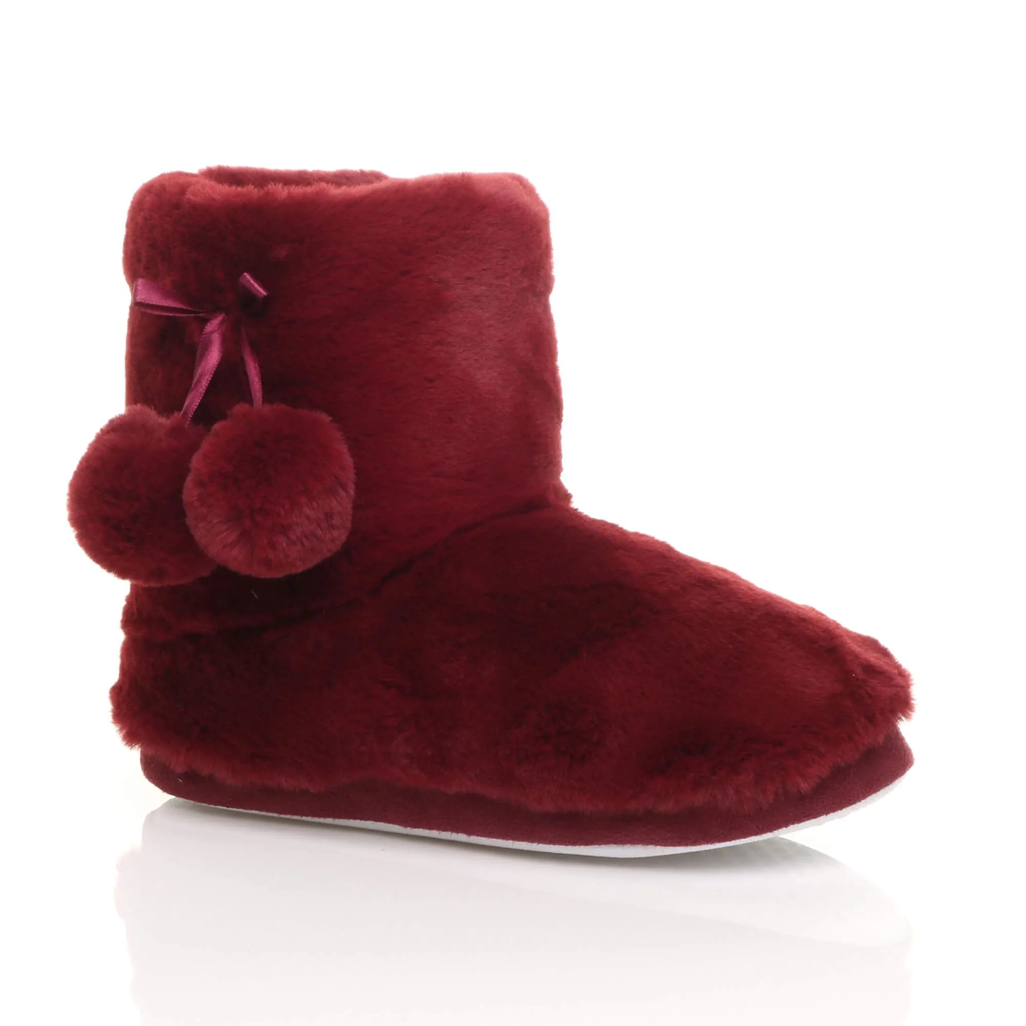 Flat  Heel Pull On Pom Pom Faux Fur Slippers