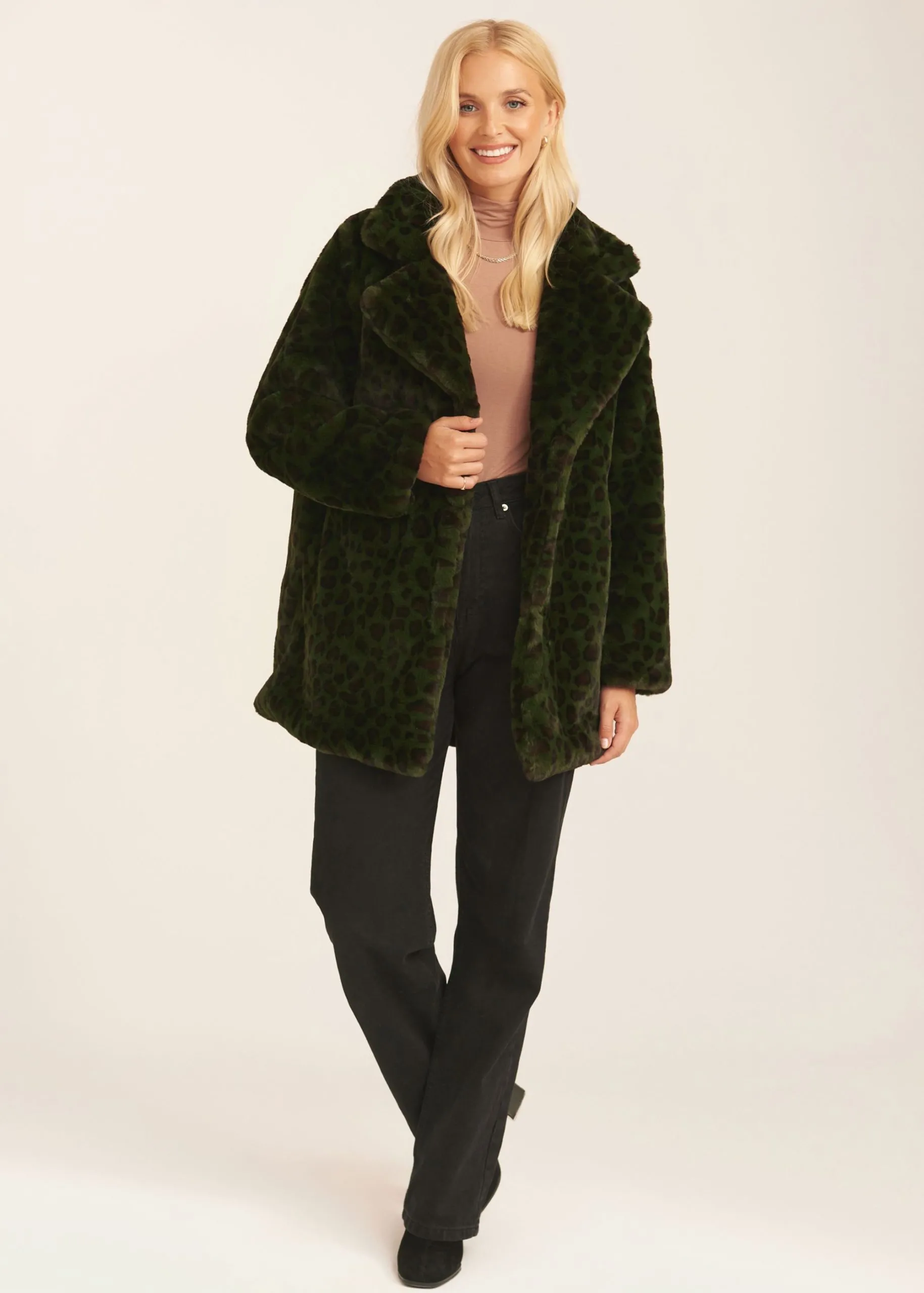 Khaki Leopard Print Faux Fur Coat Jacket