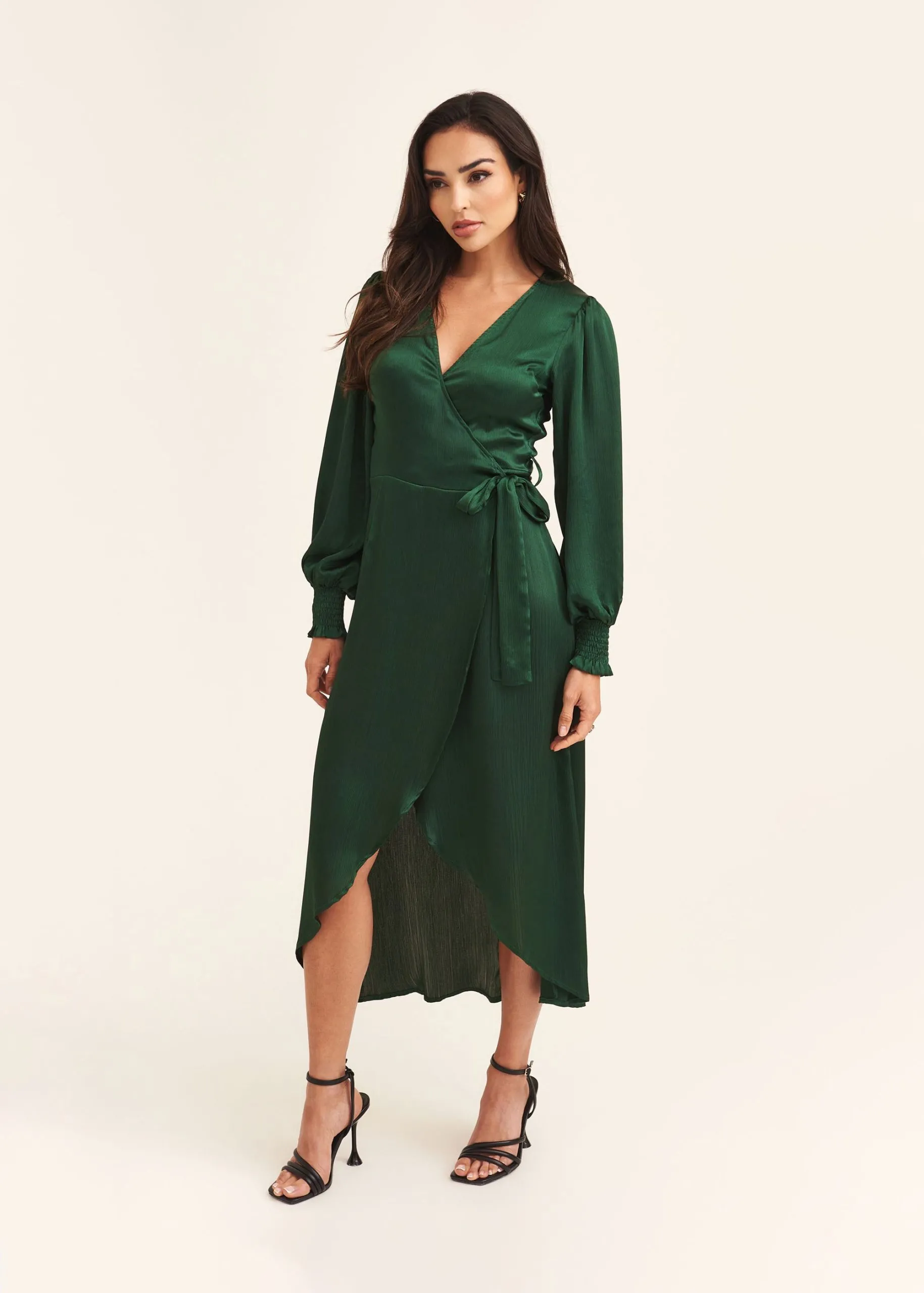 Green Satin Wrap Midi Dress