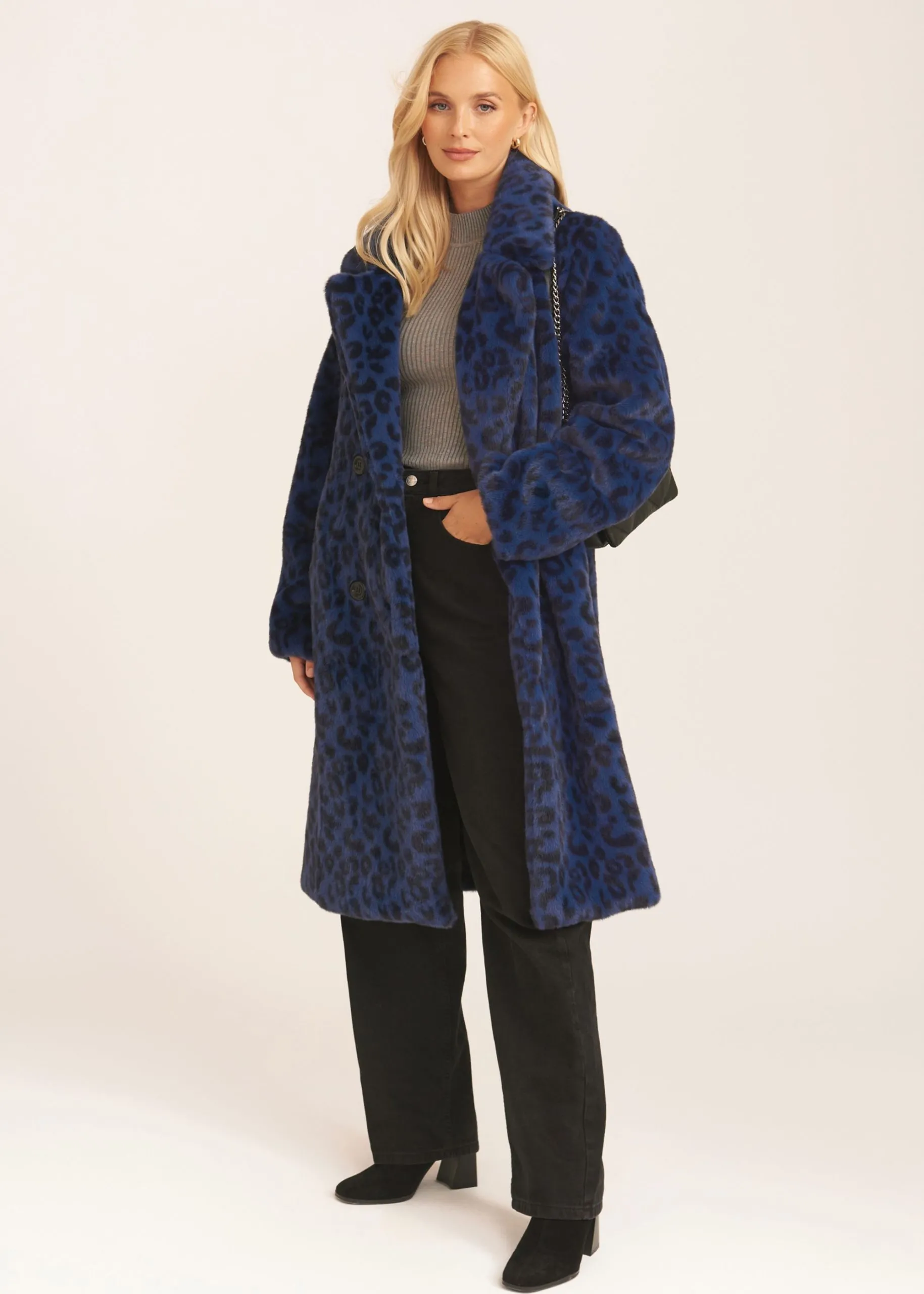 Navy Leopard Double Breasted Longline Furcoat