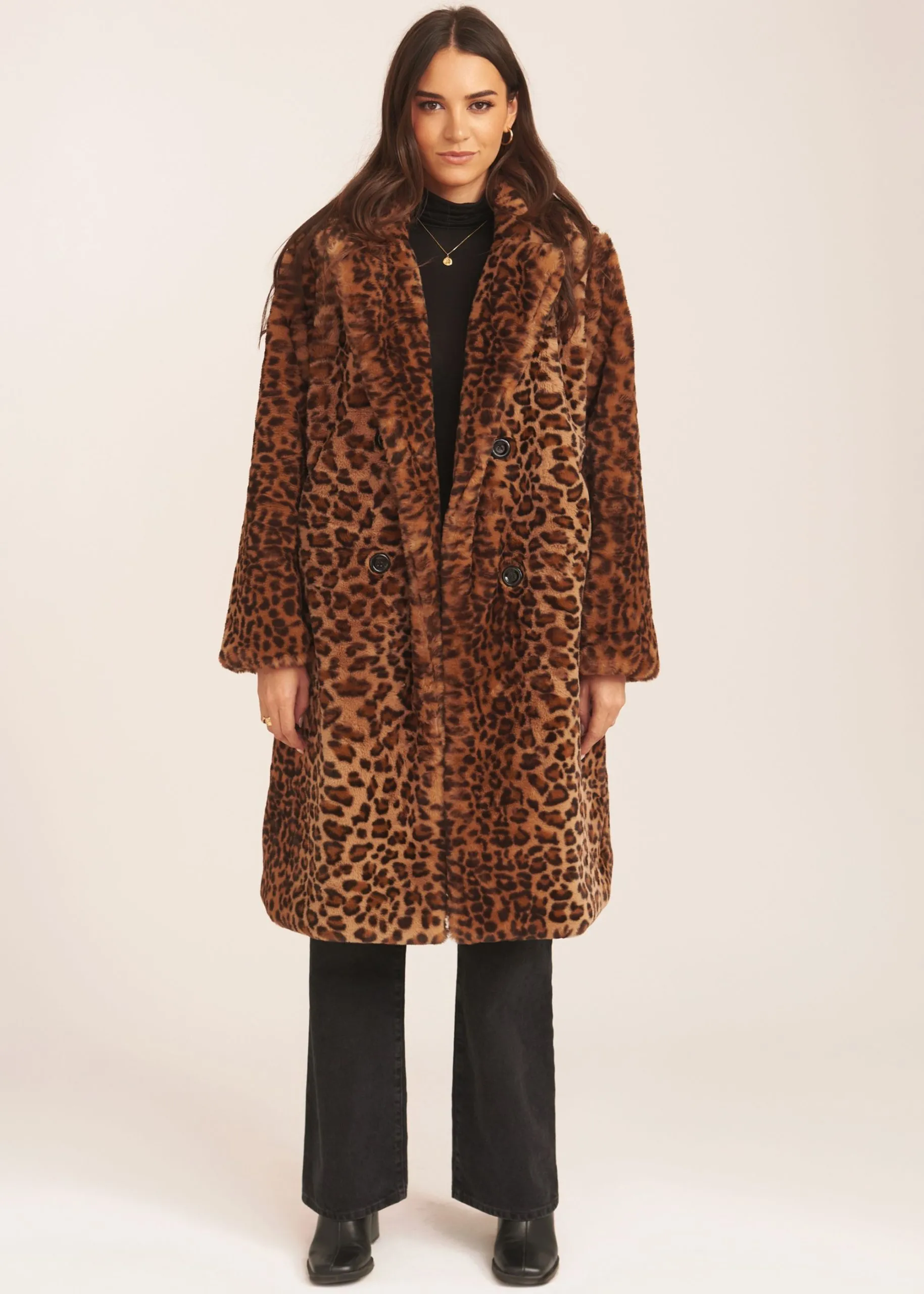 Brown Leopard Double Breasted Longline Furcoat