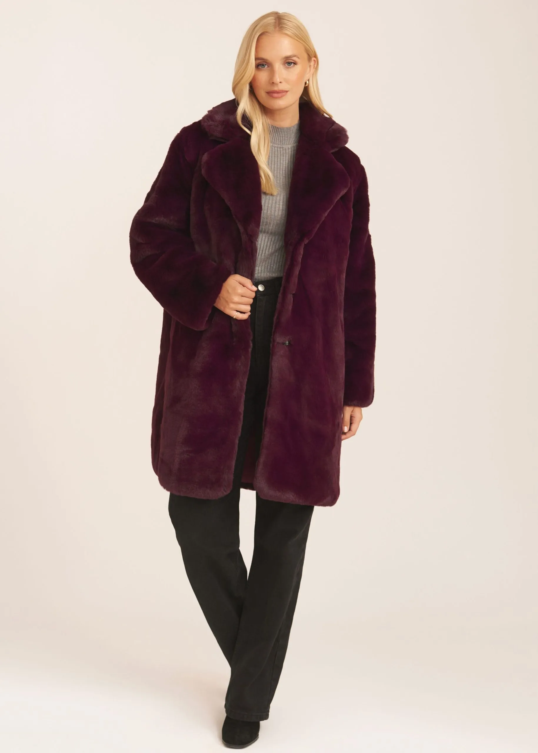 Plum Faux Fur Lapel Collar Coat