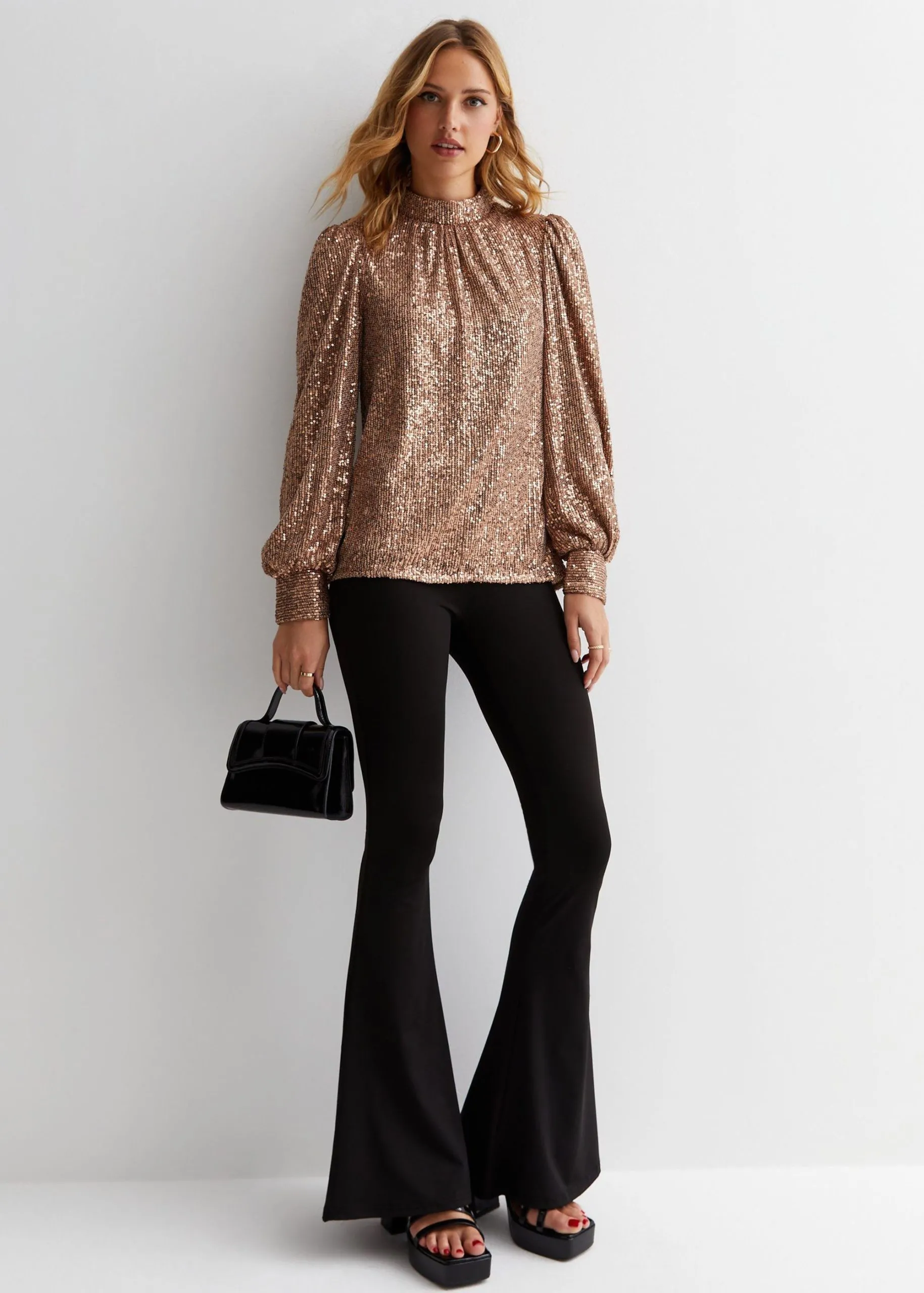 Mink Brown Sequin High Neck Loosefit Blouse