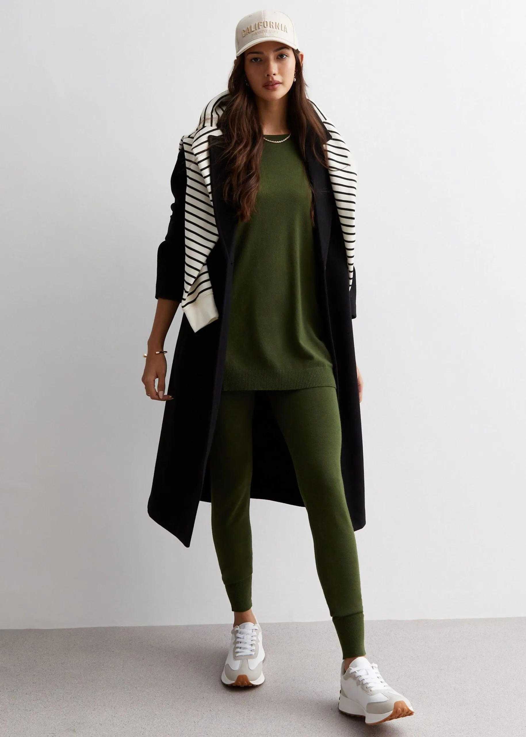 Khaki Brushed cotton crew neck oversized top