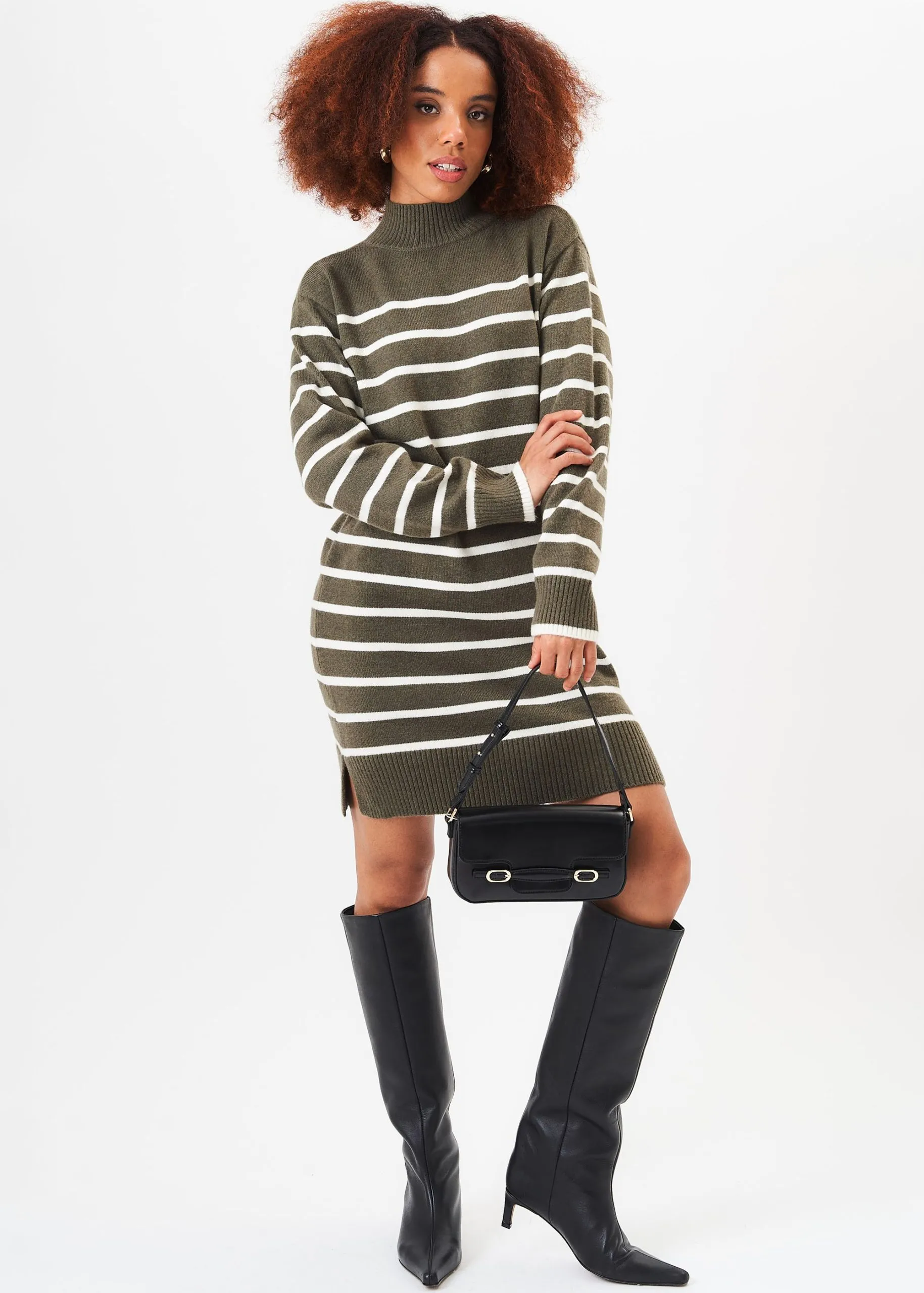 Khaki High Neck Stripe Oversized Tunic Dress