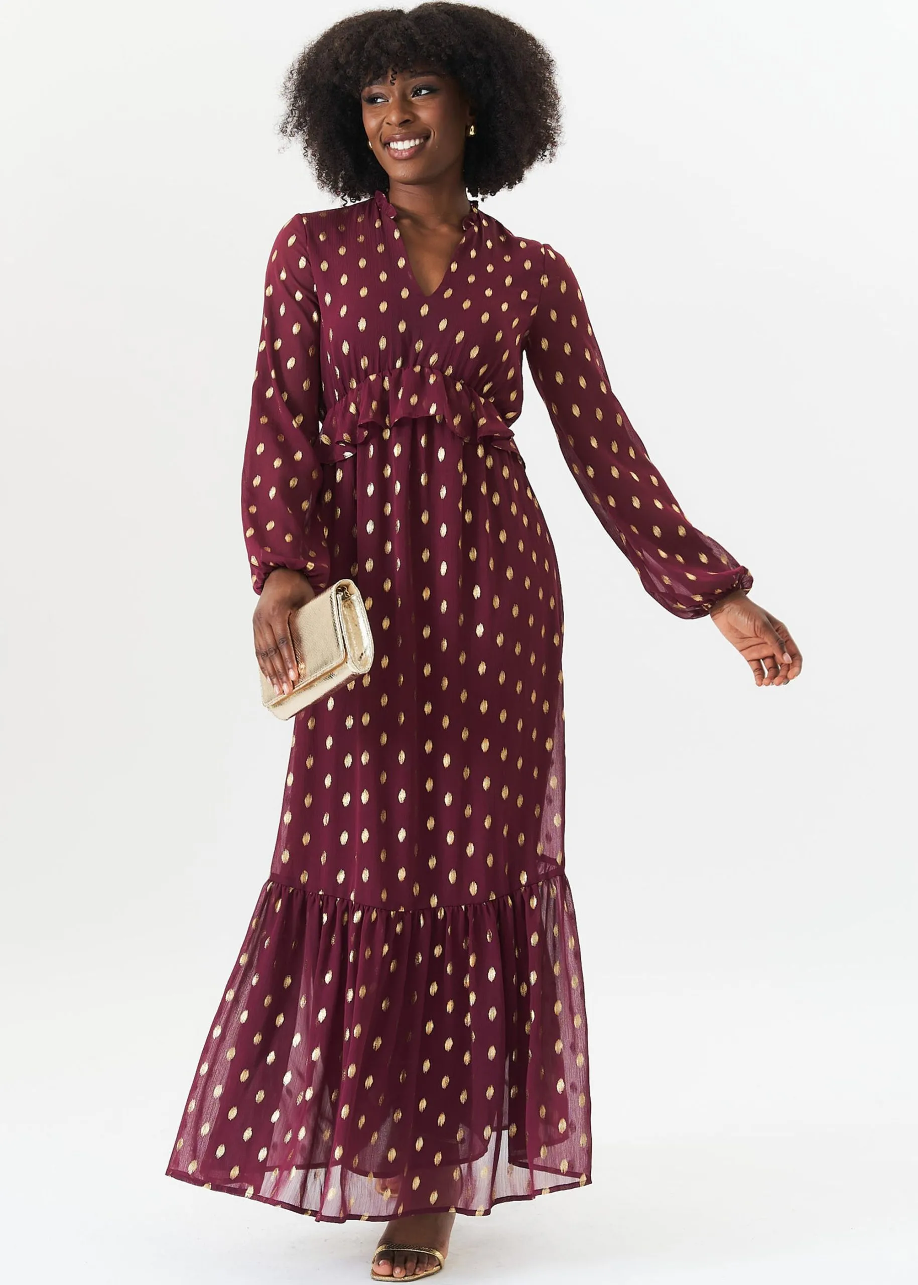 Burgandy Foil Print Ruffle Midi Dress