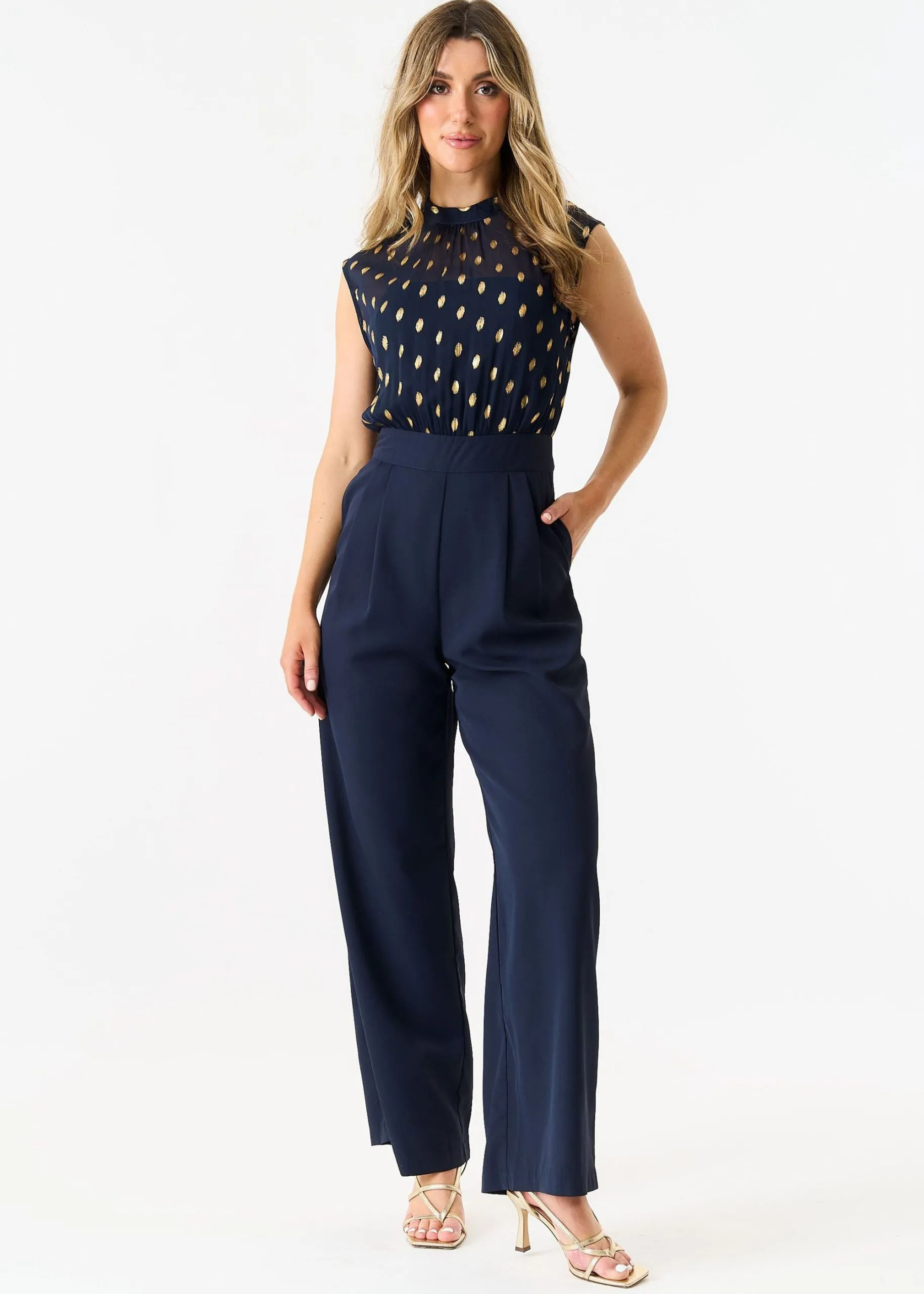 Navy Foil Pattern Sheer Top Tailored Jumpsuit