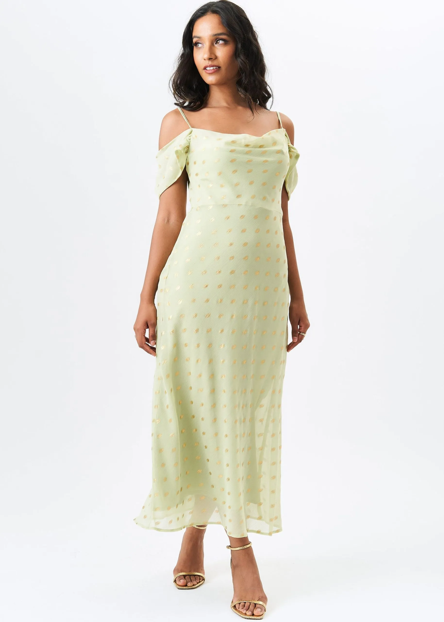 Sage Green Cowl Neck Drop Sleeves Foil Maxi Dress