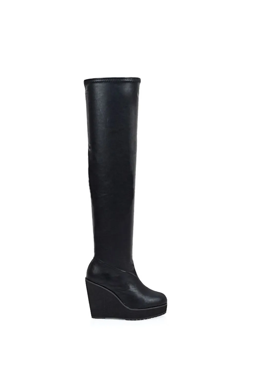 'Dalia' Elasticated Over The Knee Thigh High Wedge Heel Boots