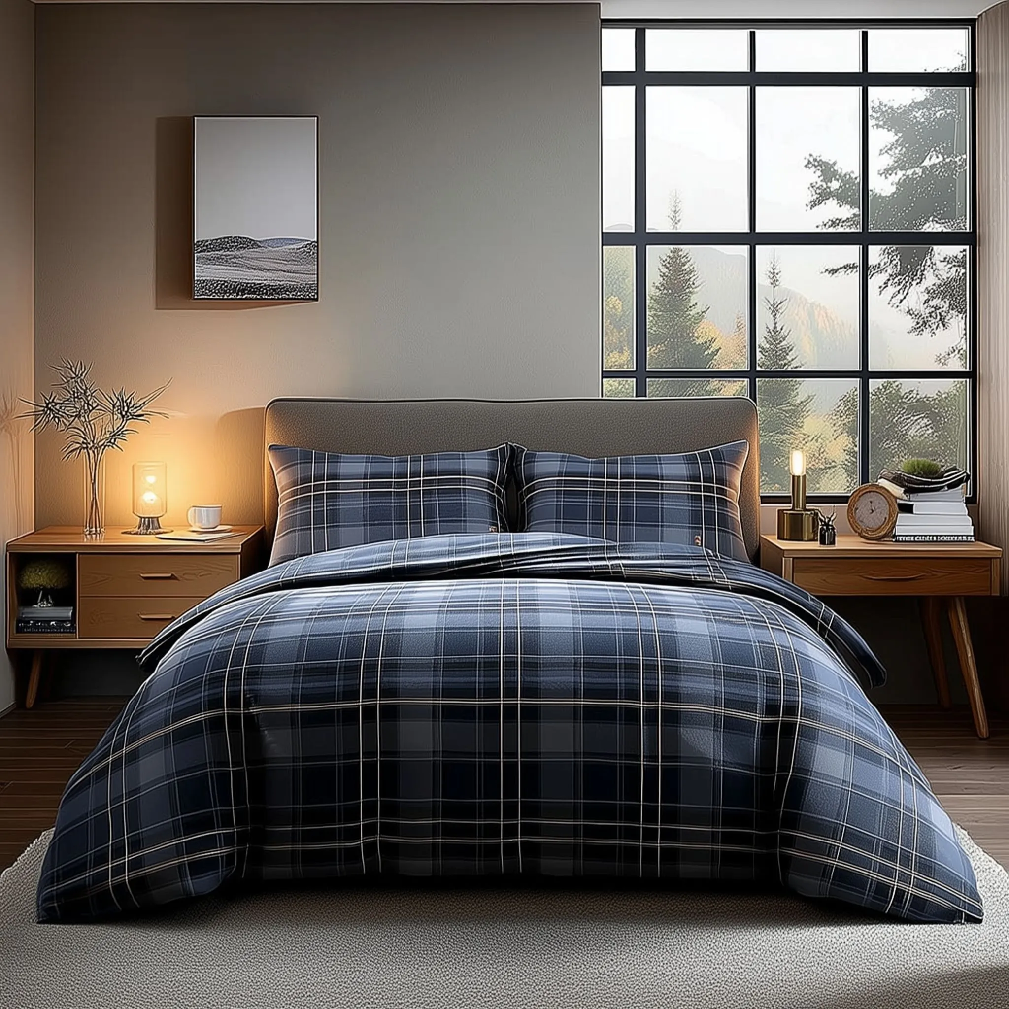 Duvet Cover And Pillowcase Set Indigo Tartan Check Design Polycotton Bed Linen
